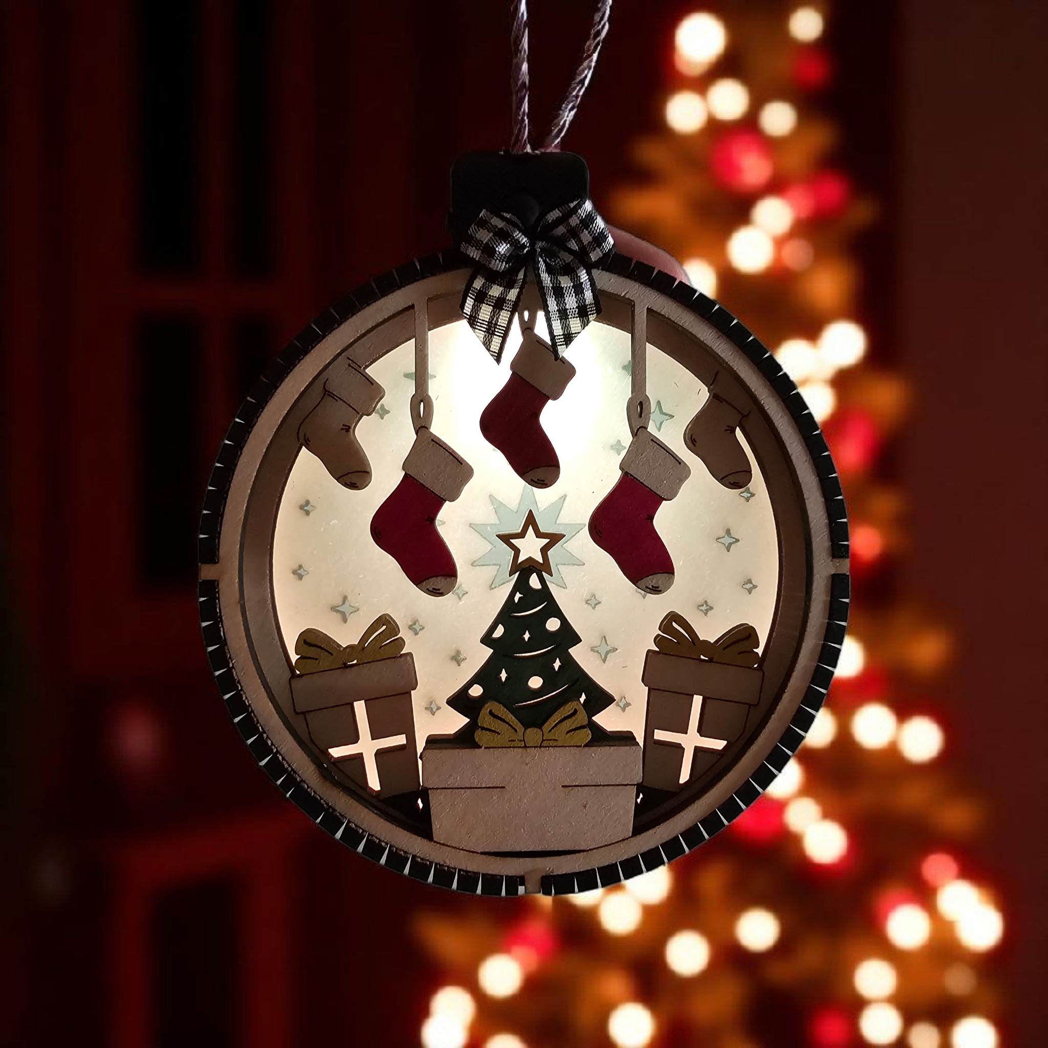 Personalized Lighted Christmas Tree Ornament with Stockings and custom names