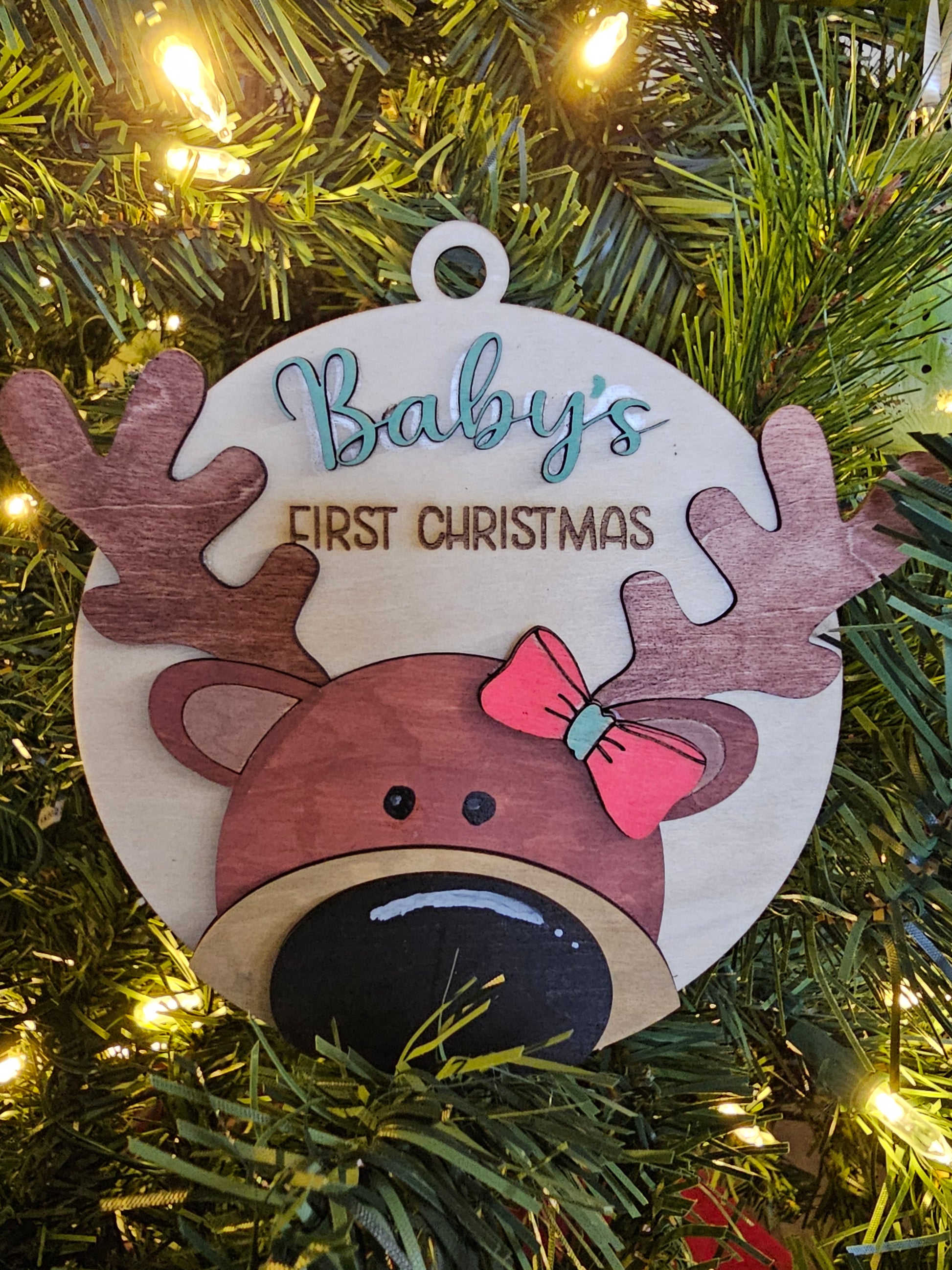 Baby’s First Christmas Moose Ornament – Personalized with Name on Nose, Optional Bow