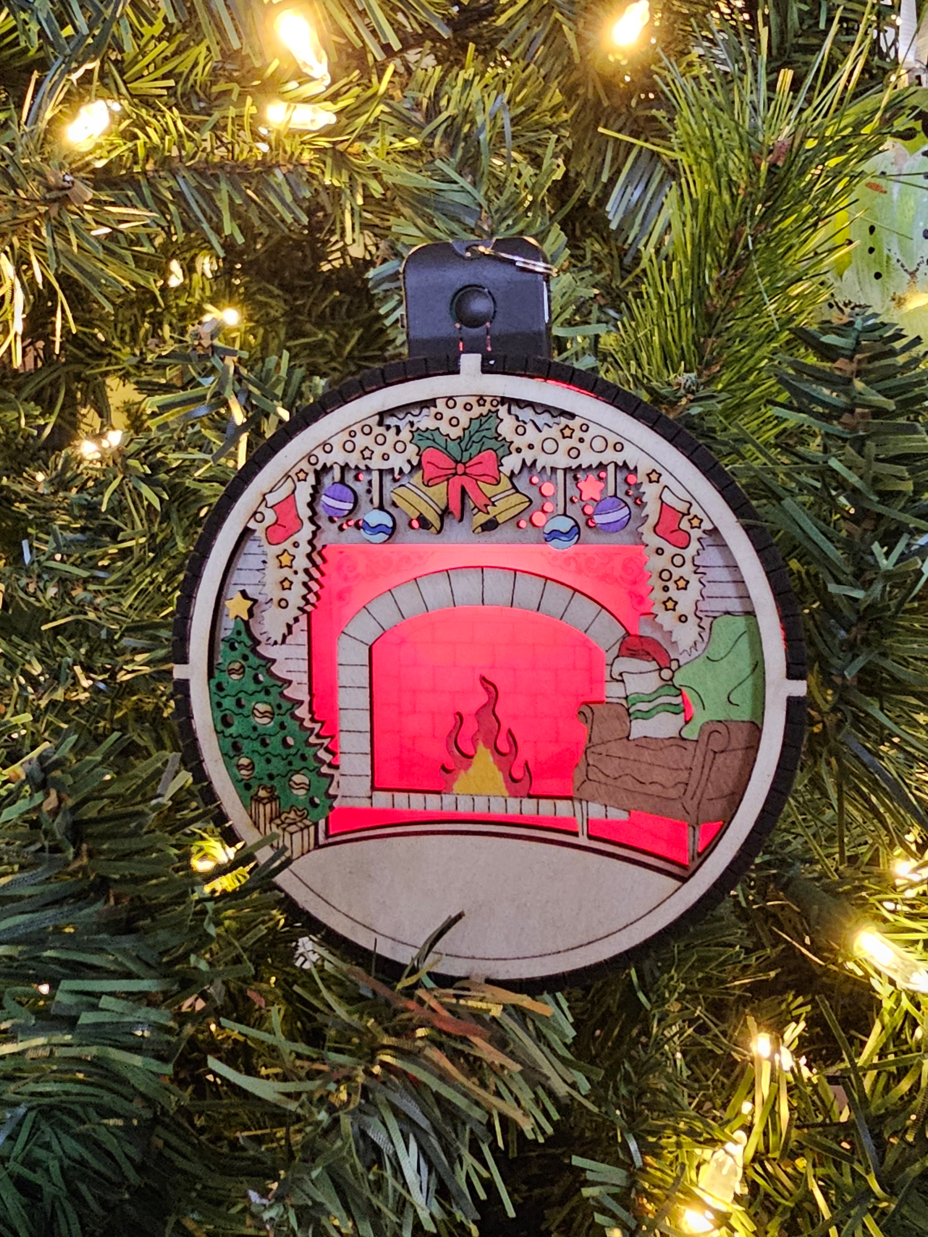 Lighted Fireplace Christmas Ornament, close-up detail