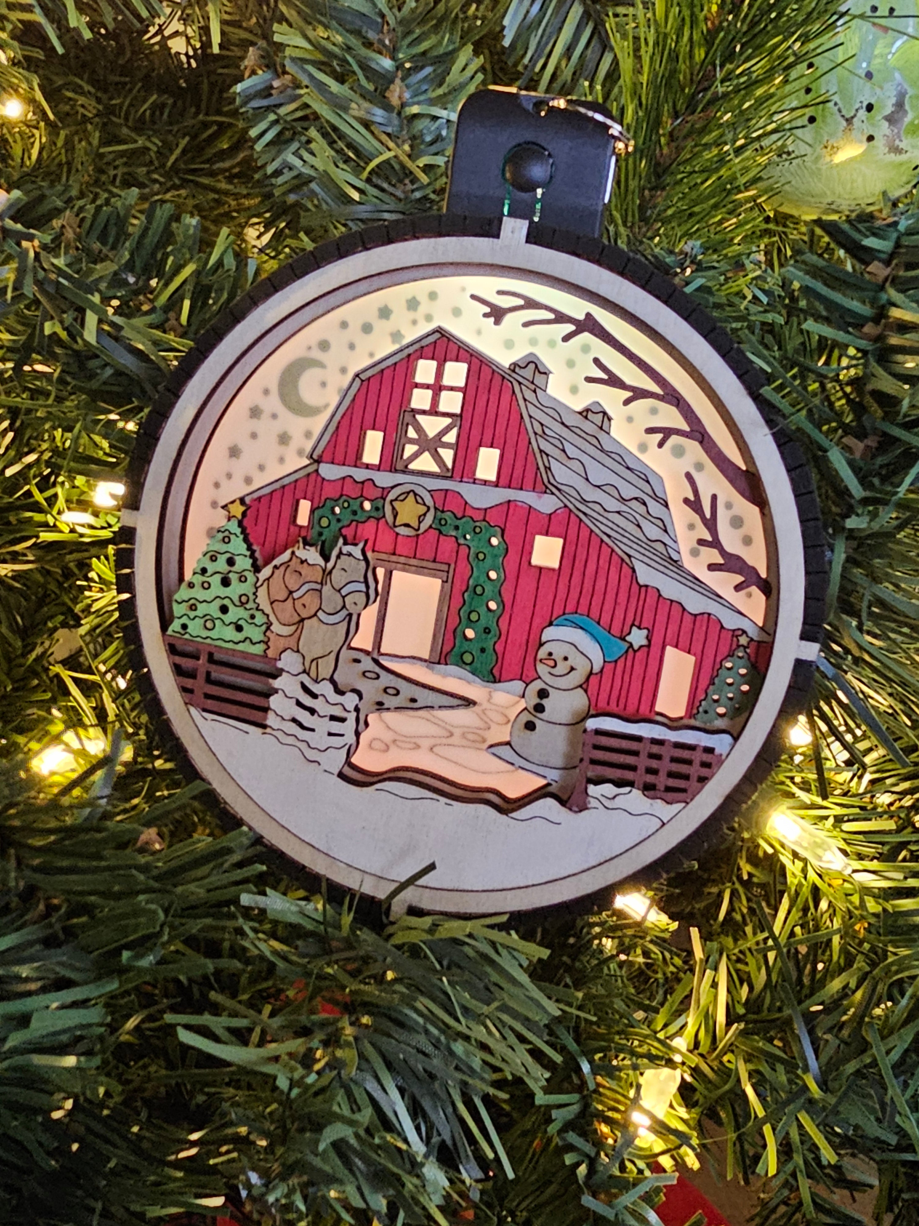 Lighted Barn Christmas Ornament, close-up detail