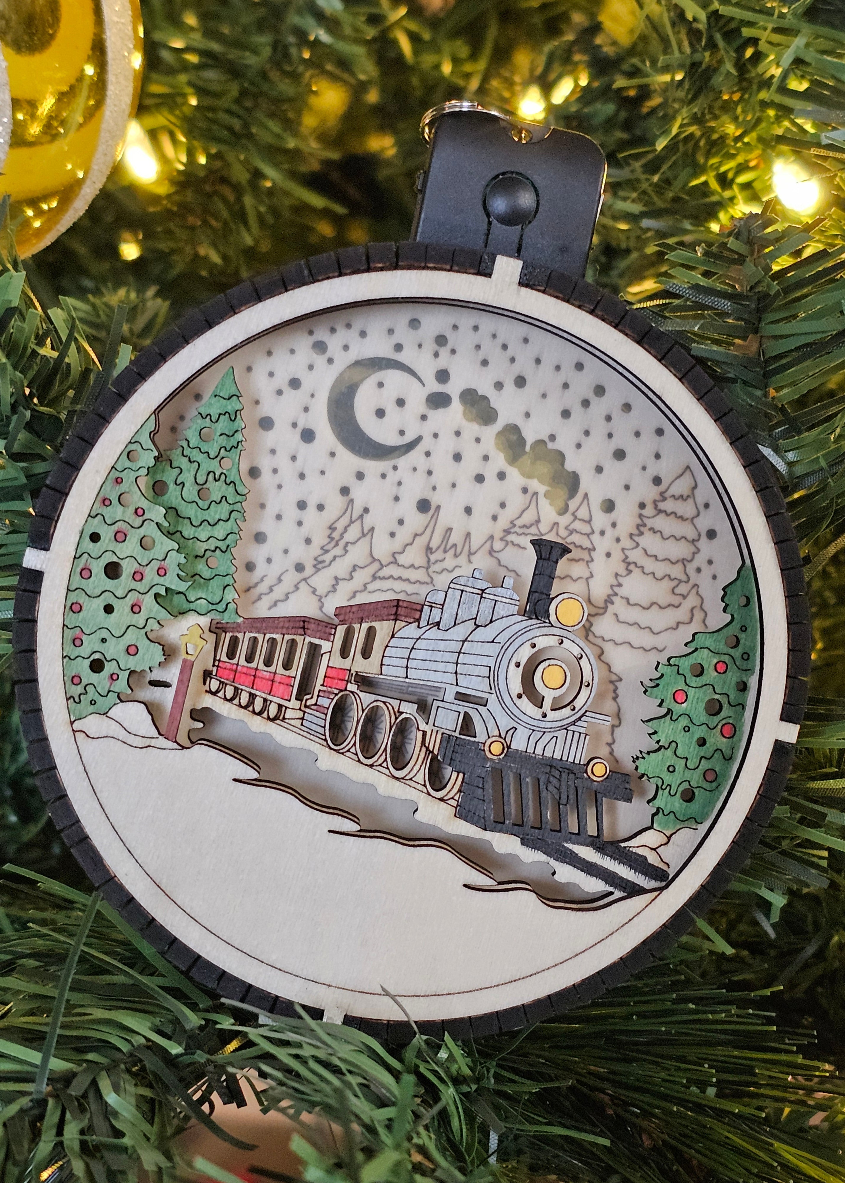 Lighted Wooden Train Ornament, close-up detail