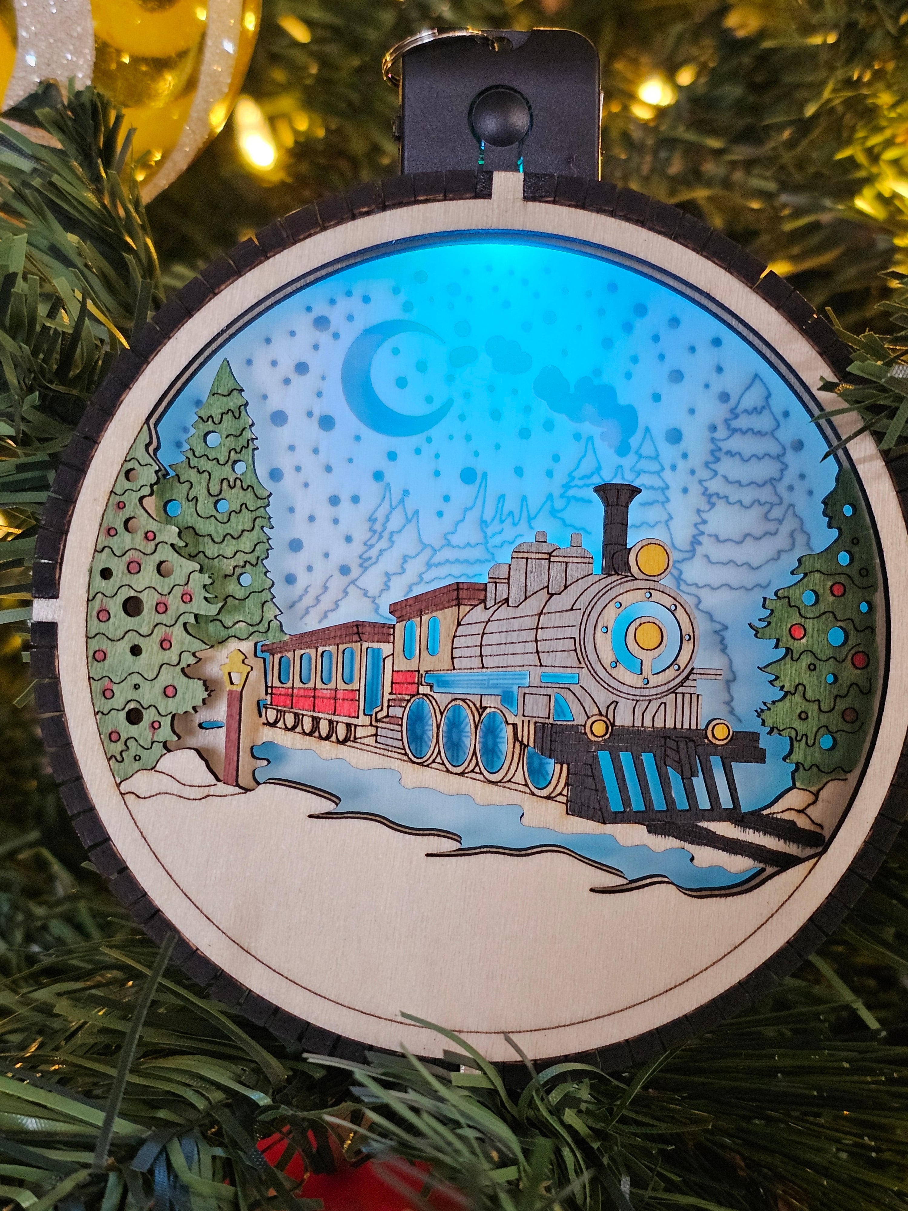 Lighted Wooden Train Ornament, handcrafted Christmas keepsake