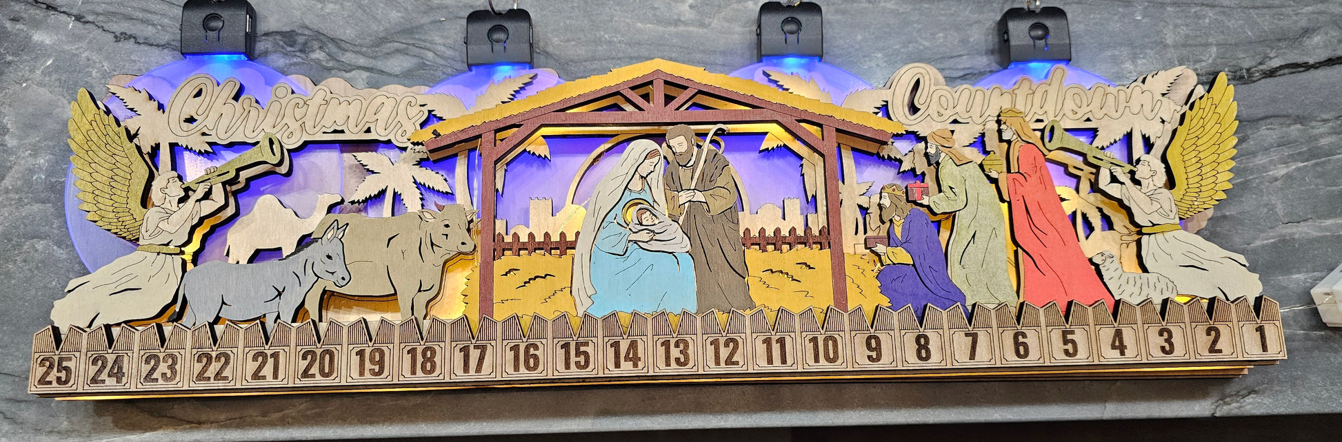 Lighted Nativity Advent Calendar – Blue & White Lights with Moving Star Countdown