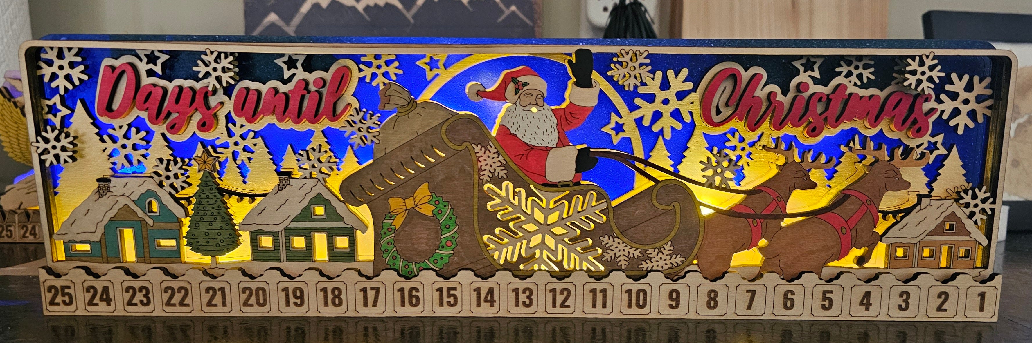 Santa Lighted Advent Calendar, wood Christmas countdown