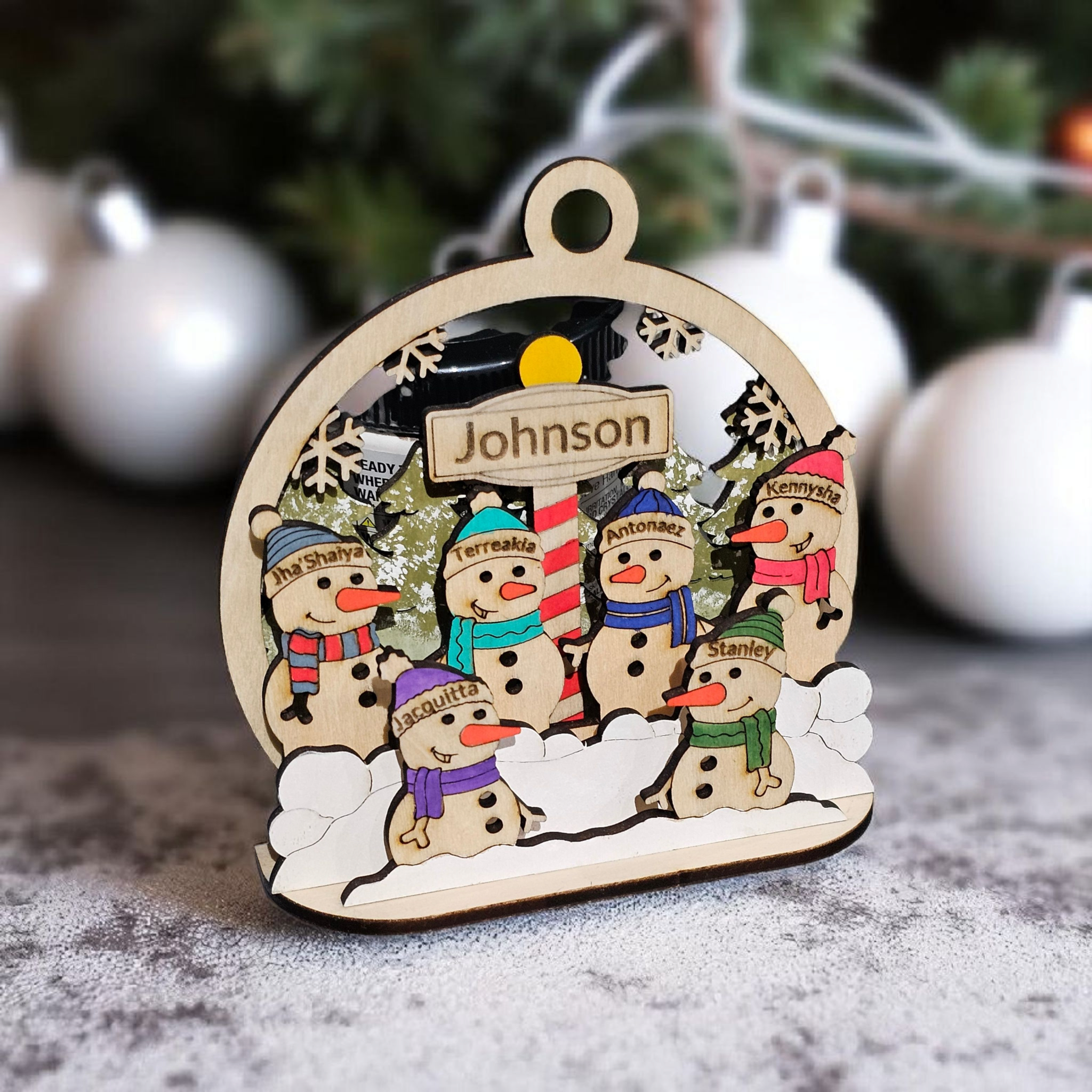 Personalized Snowman Family Christmas Ornament, close-up detail