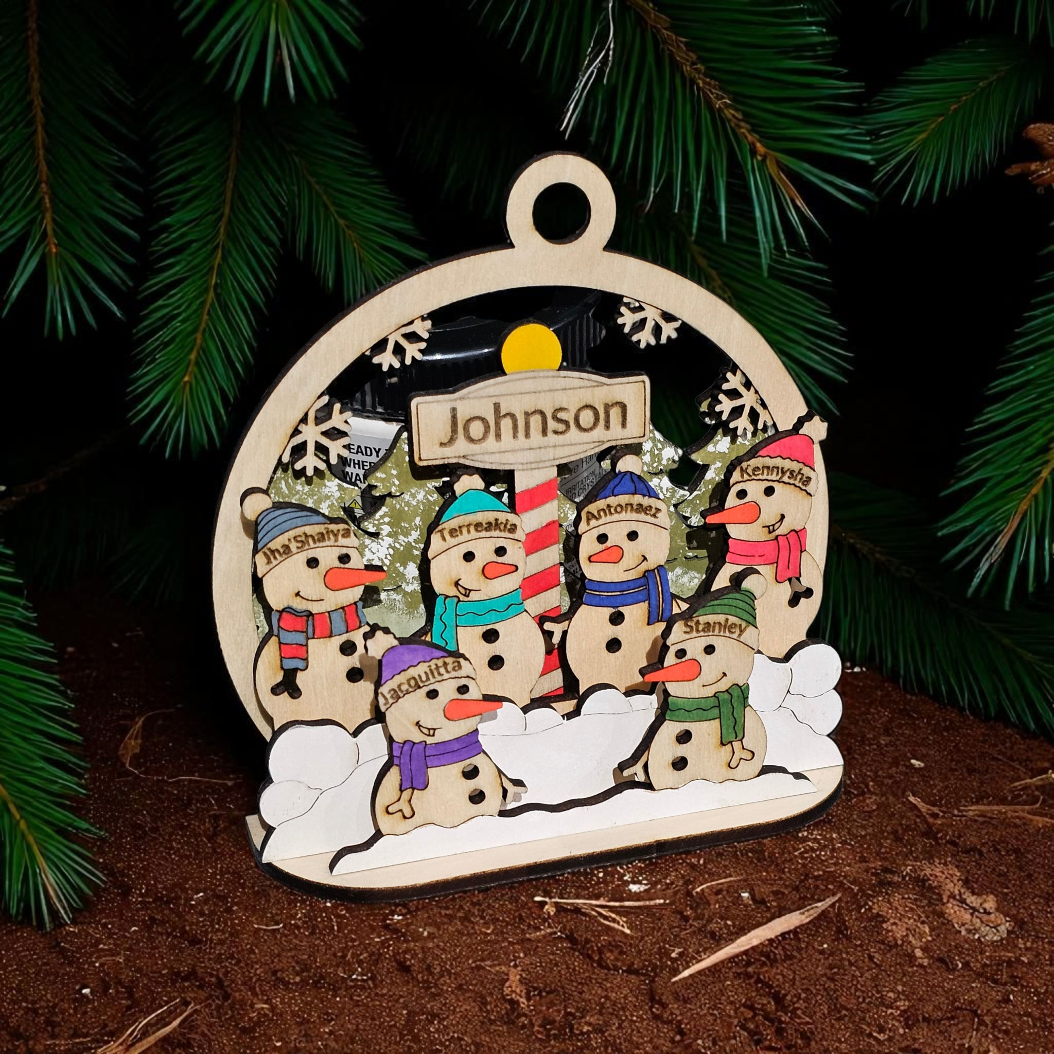Personalized Snowman Family Christmas Ornament, lifestyle photo