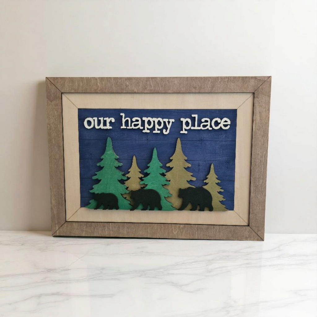 “Our Happy Place” Framed Sign – Rustic Bear and Tree Wall Art for Cabin or Home