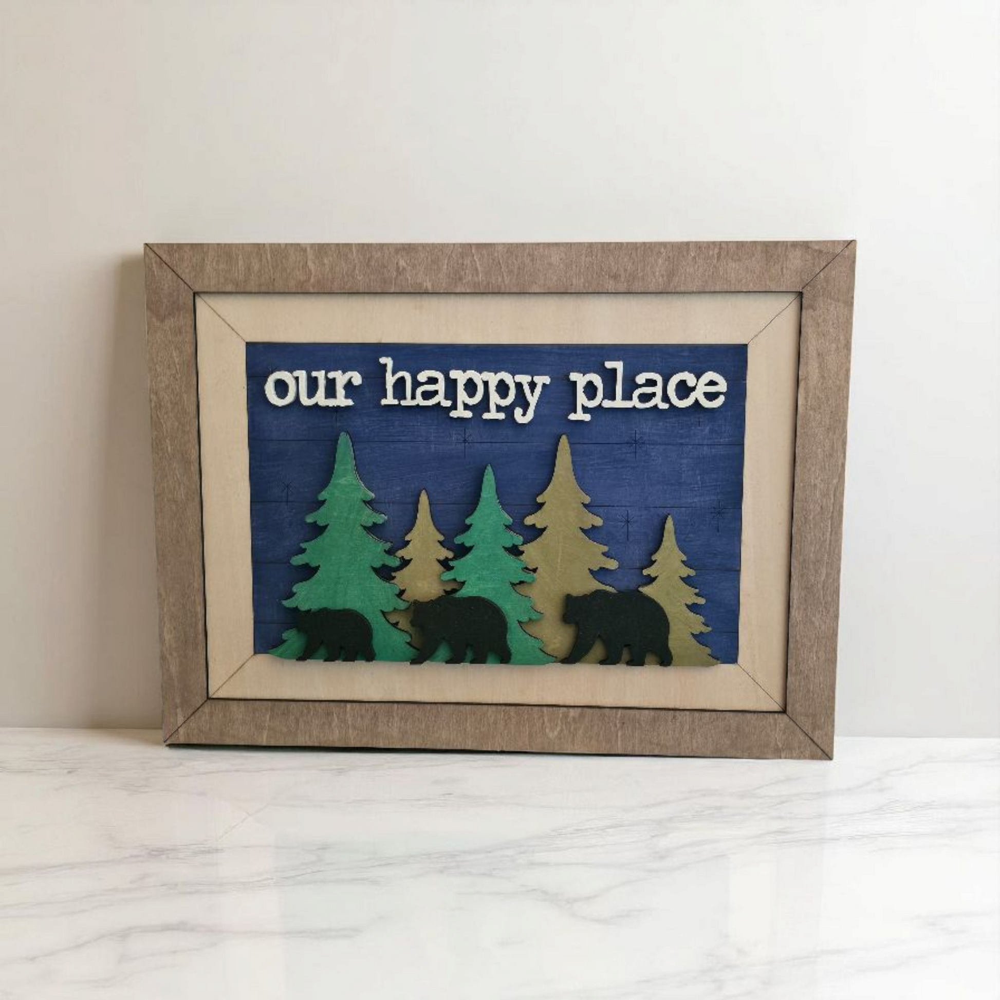 “Our Happy Place” Framed Sign – Rustic Bear and Tree Wall Art for Cabin or Home