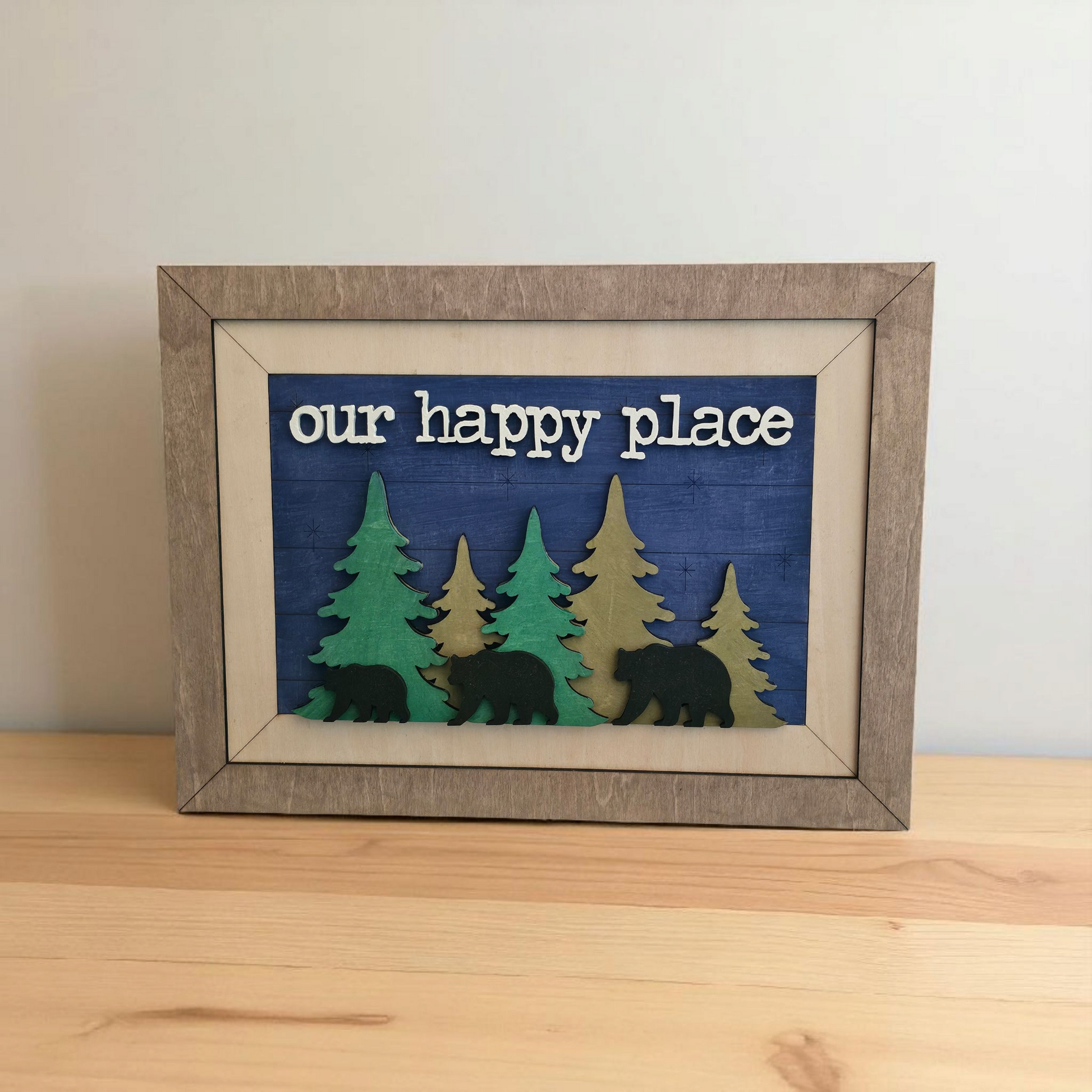 “Our Happy Place” Framed Sign – Rustic Bear and Tree Wall Art for Cabin or Home