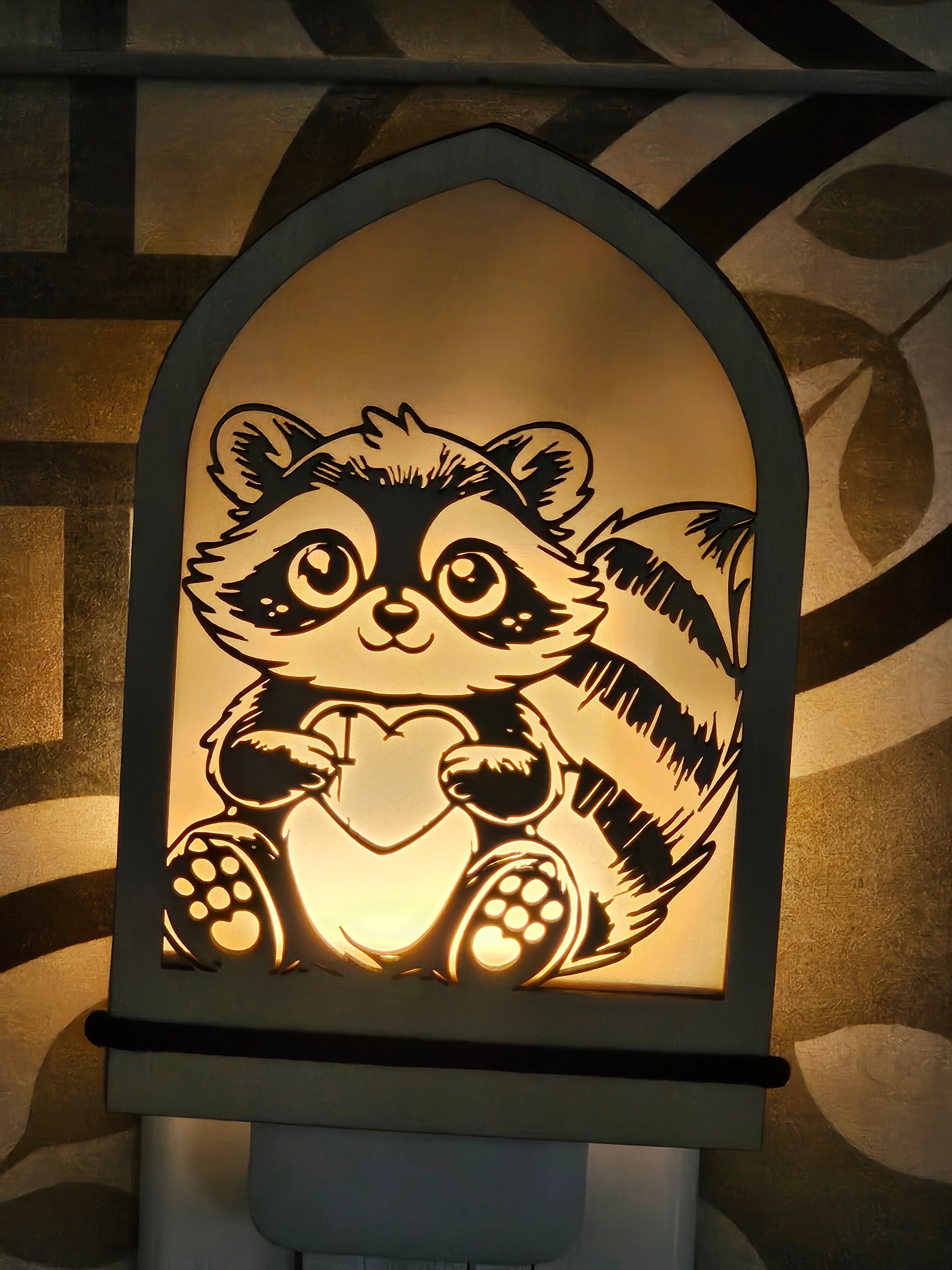 Raccoon Holding Heart Night Light with dusk to dawn sensor