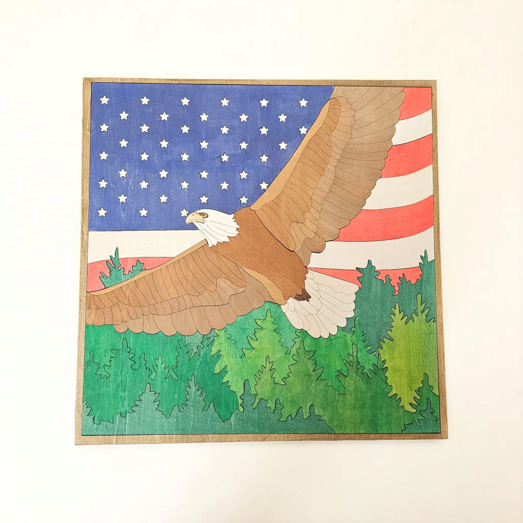Eagle Wall Art – American Flag and Forest Scene | Patriotic Home Decor