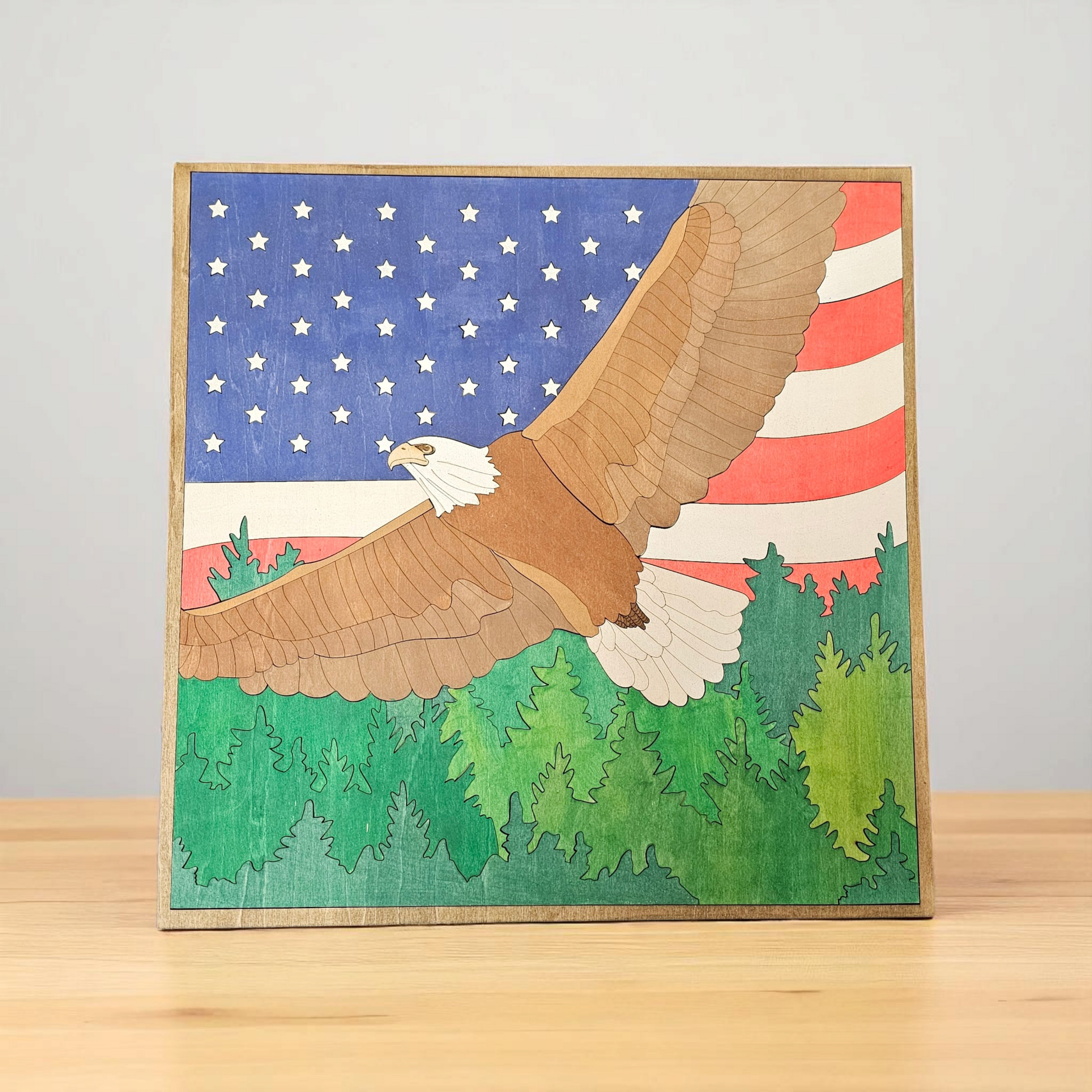Eagle Wall Art – American Flag and Forest Scene | Patriotic Home Decor