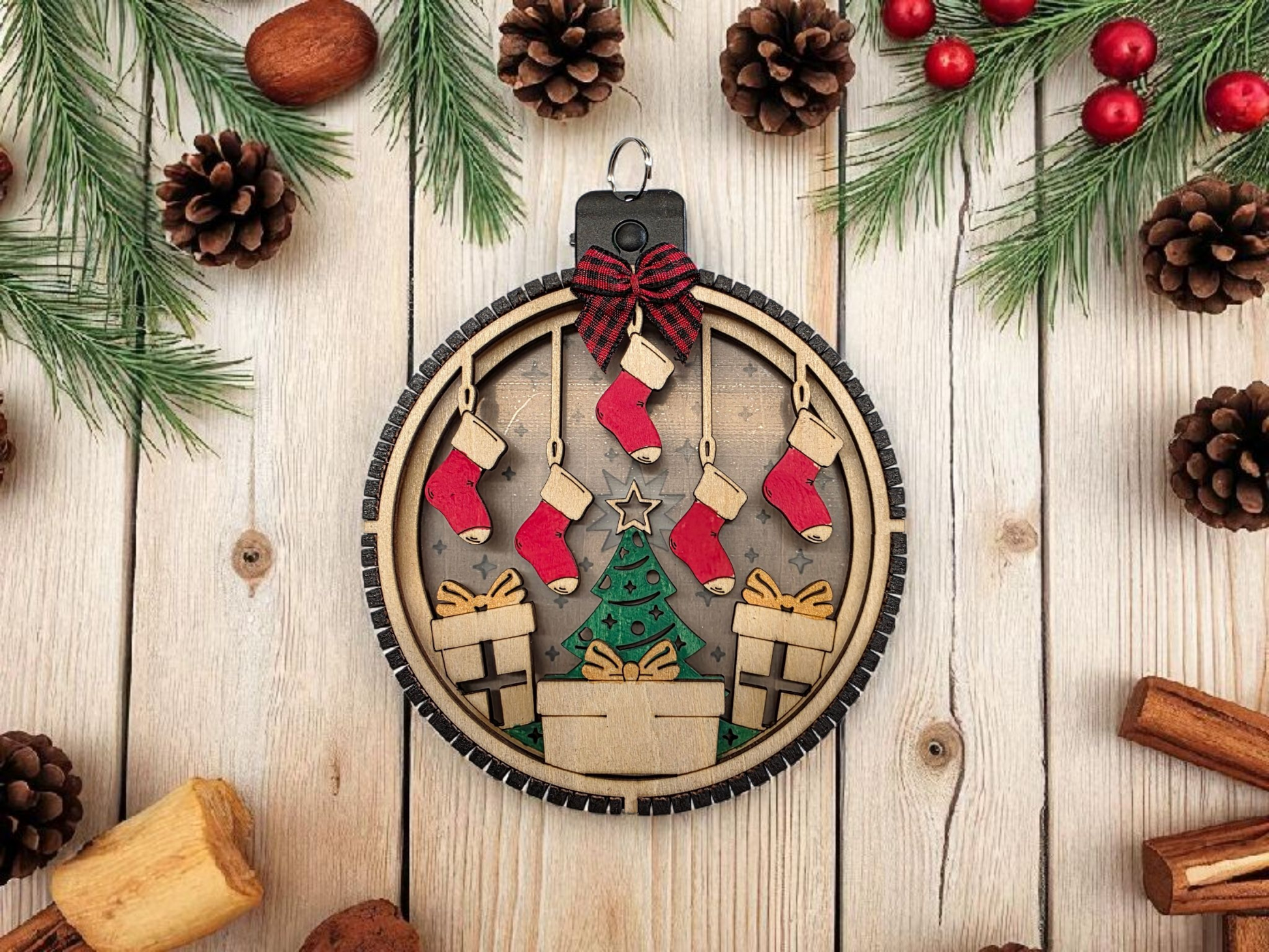 Personalized Lighted Christmas Tree Ornament with Stockings – Custom Family Holiday Decor