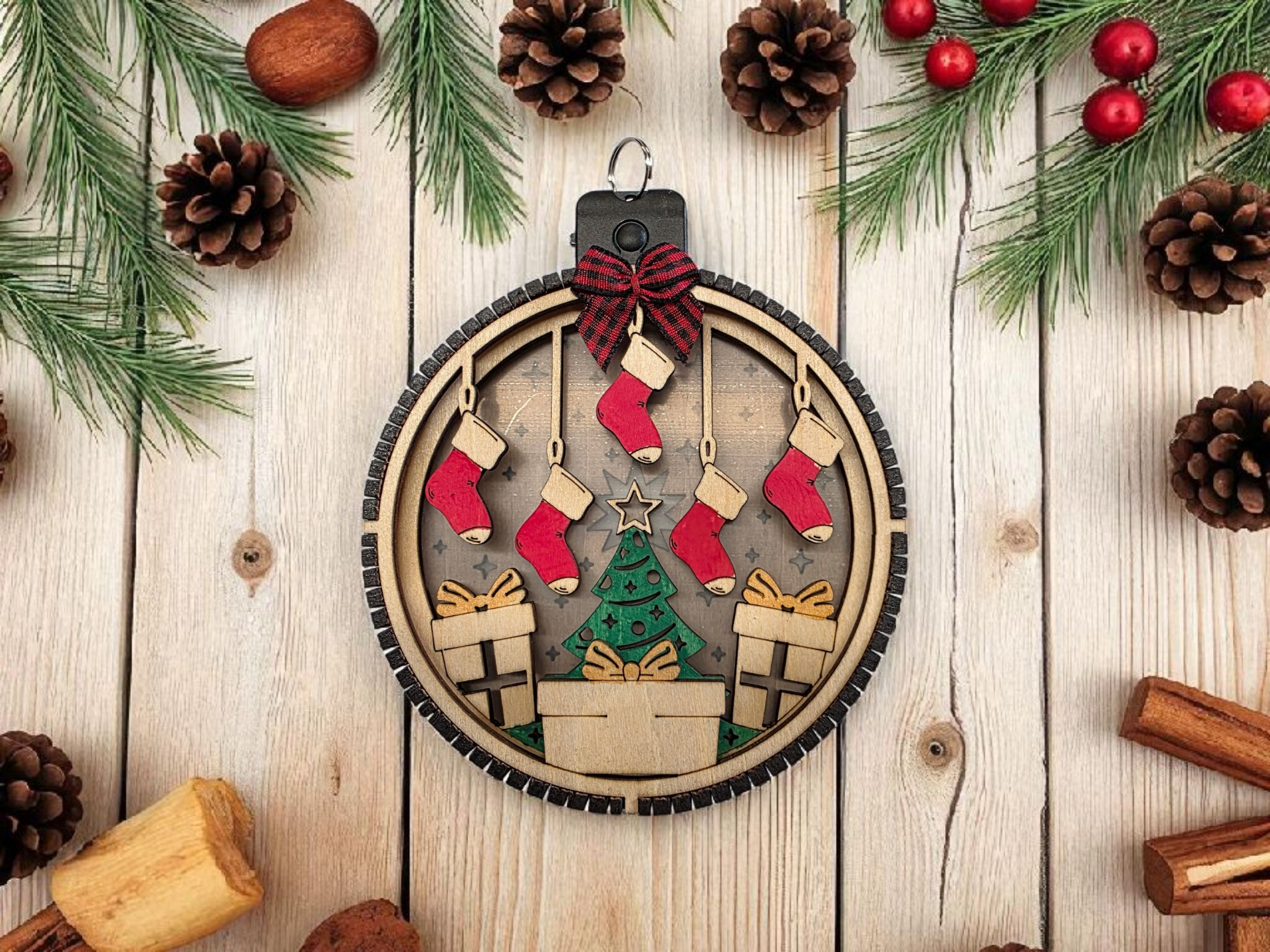Personalized Lighted Christmas Tree Ornament with Stockings, front view
