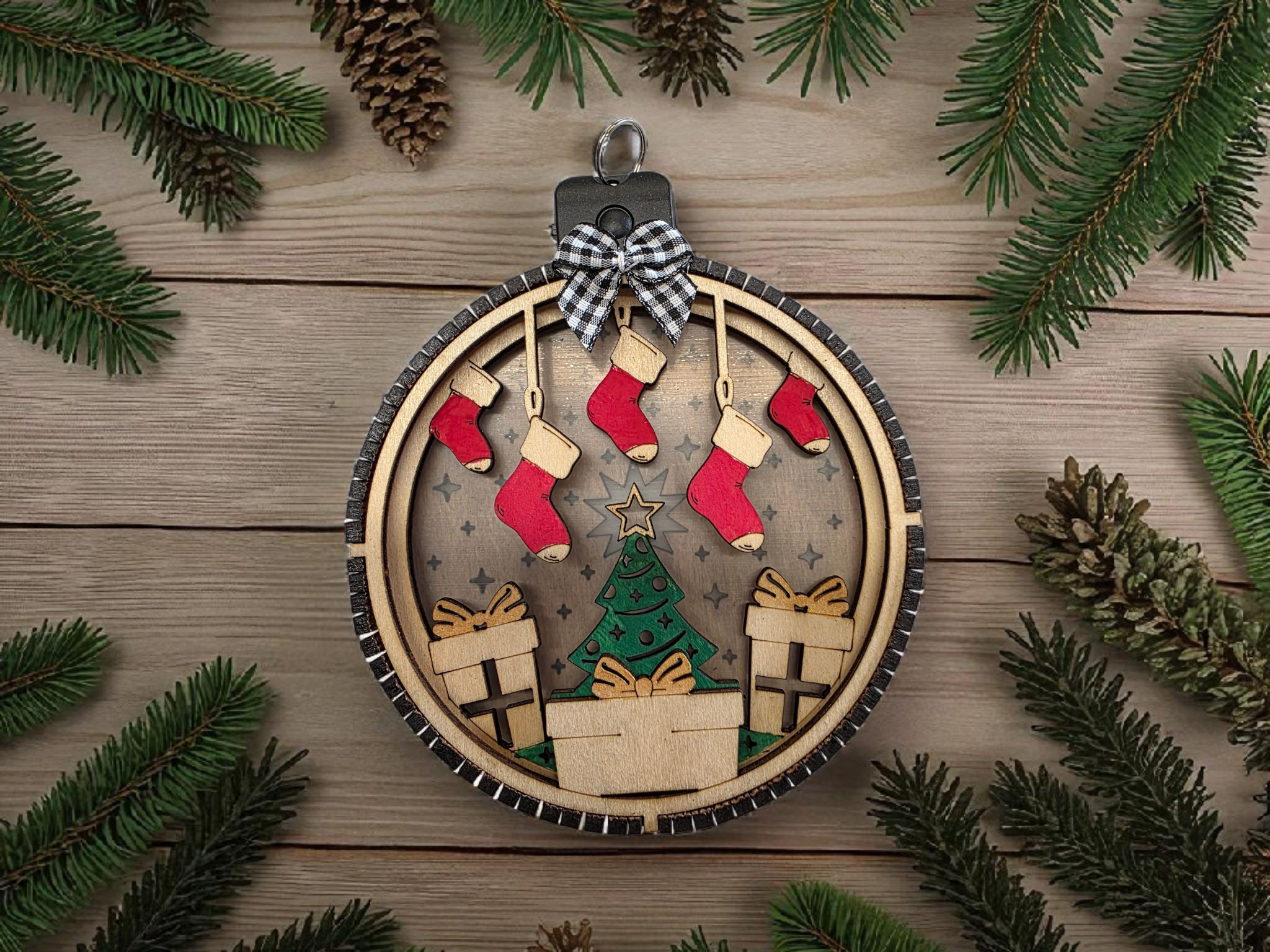 Personalized Lighted Christmas Tree Ornament with Stockings, lifestyle photo