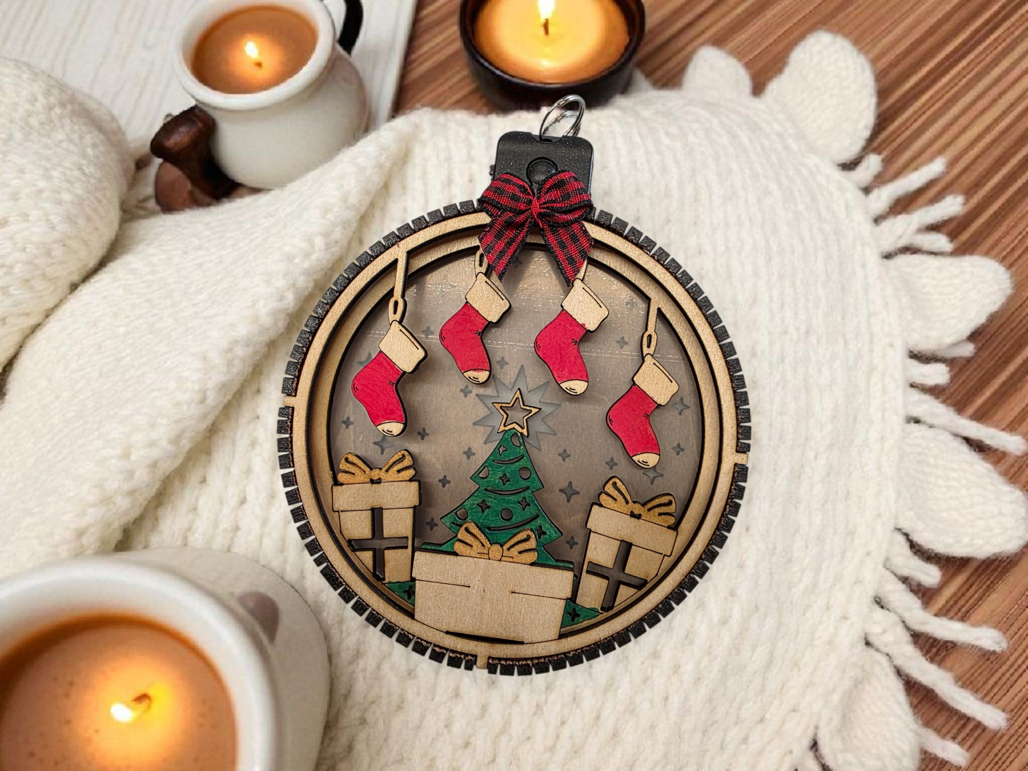 Personalized Lighted Christmas Tree Ornament with Stockings, size comparison