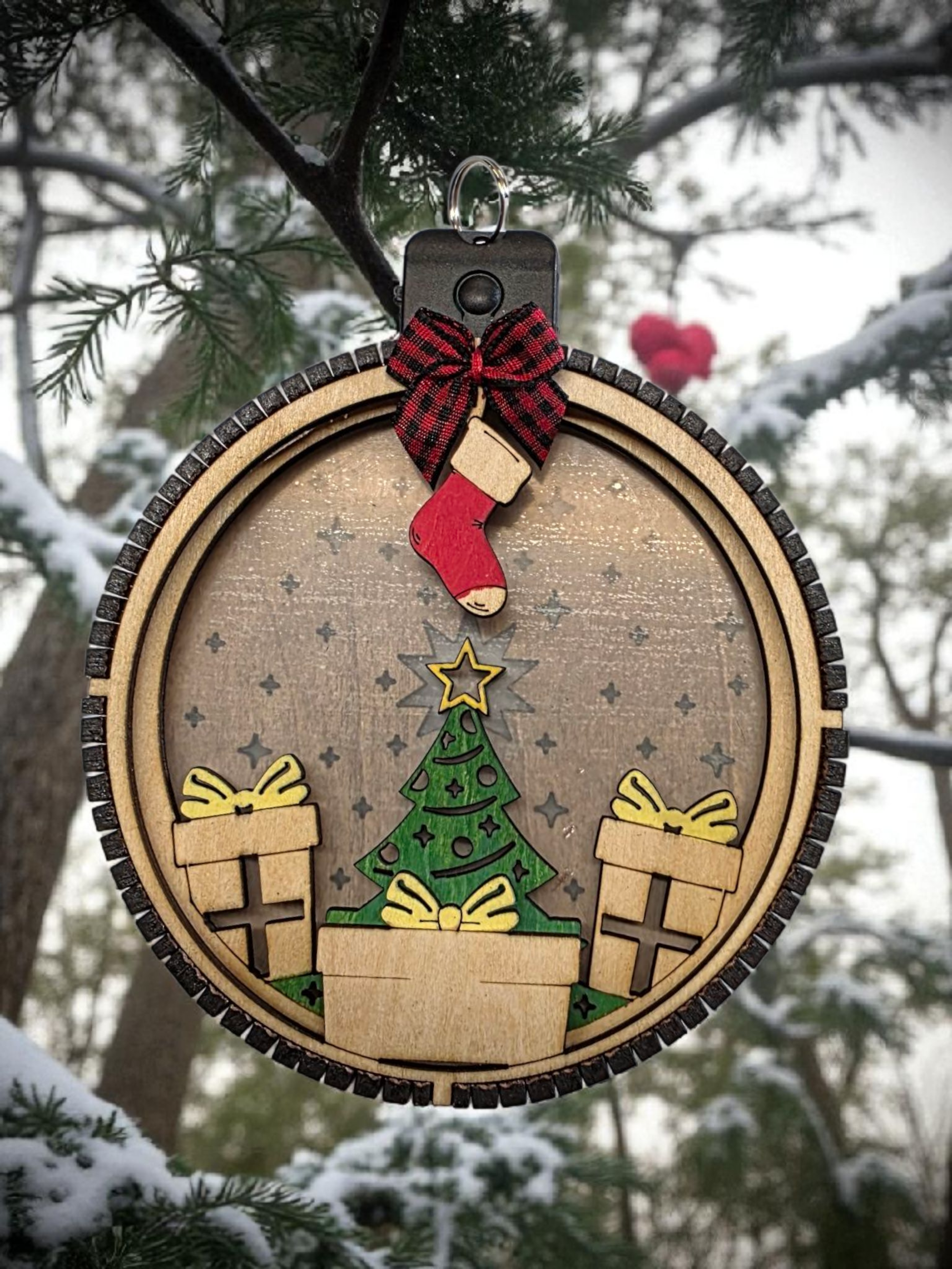 Personalized Lighted Christmas Tree Ornament with Stockings, close-up detail