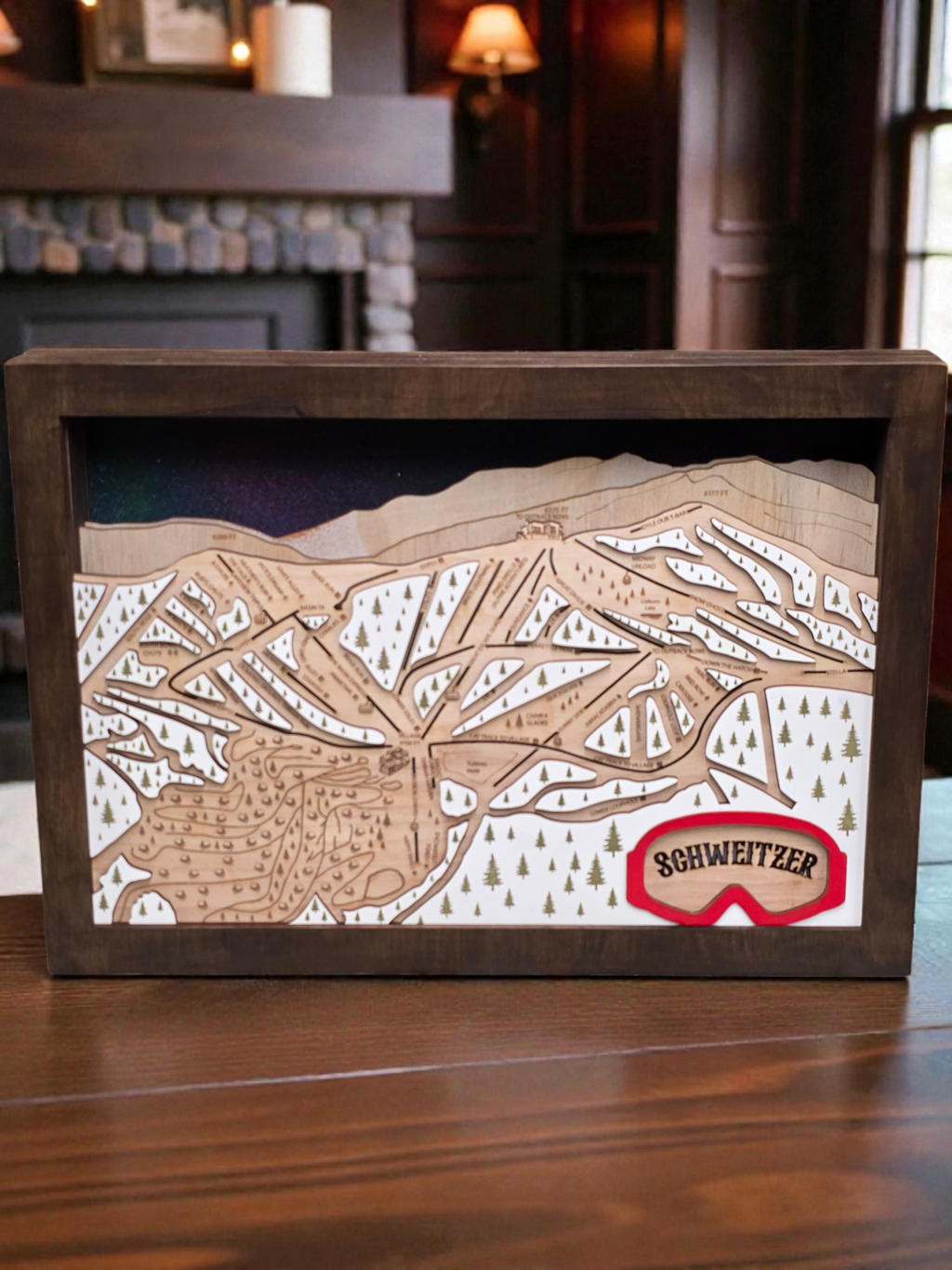 Lighted Schweitzer Mountain Ski Trail Map | Handcrafted Wood Wall Art