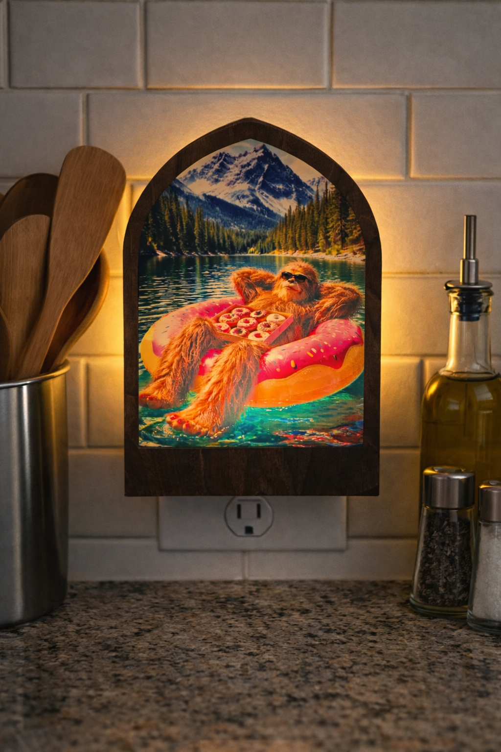 Sasquatch Donut Night Light – Bigfoot Floating in Donut Tube with Donuts | Dusk to Dawn LED Night Light | Funny Cabin Decor Gift