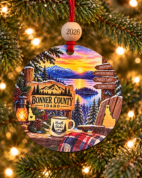 Bonner County Idaho Christmas ornament with signs to Sandpoint, Lake Pend Oreille, Priest Lake and Schweitzer at sunset, 4 inch round wood Christmas ornament with 2026 bead by Bandit Laser