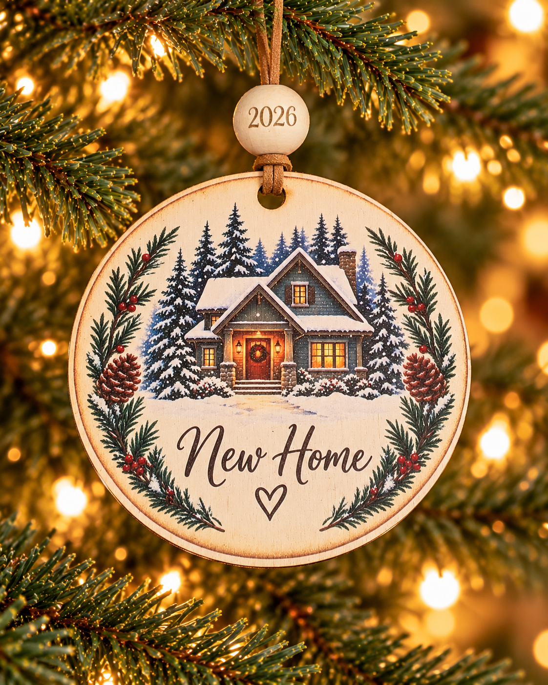 New Home Christmas ornament with snowy cottage, glowing windows and wreath, housewarming gift, 4 inch round wood Christmas ornament with 2026 bead by Bandit Laser