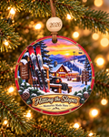 Hitting the Slopes ski Christmas ornament with skis, a ski lodge and chairlift at a mountain sunset, 4 inch round wood Christmas ornament with 2026 bead by Bandit Laser