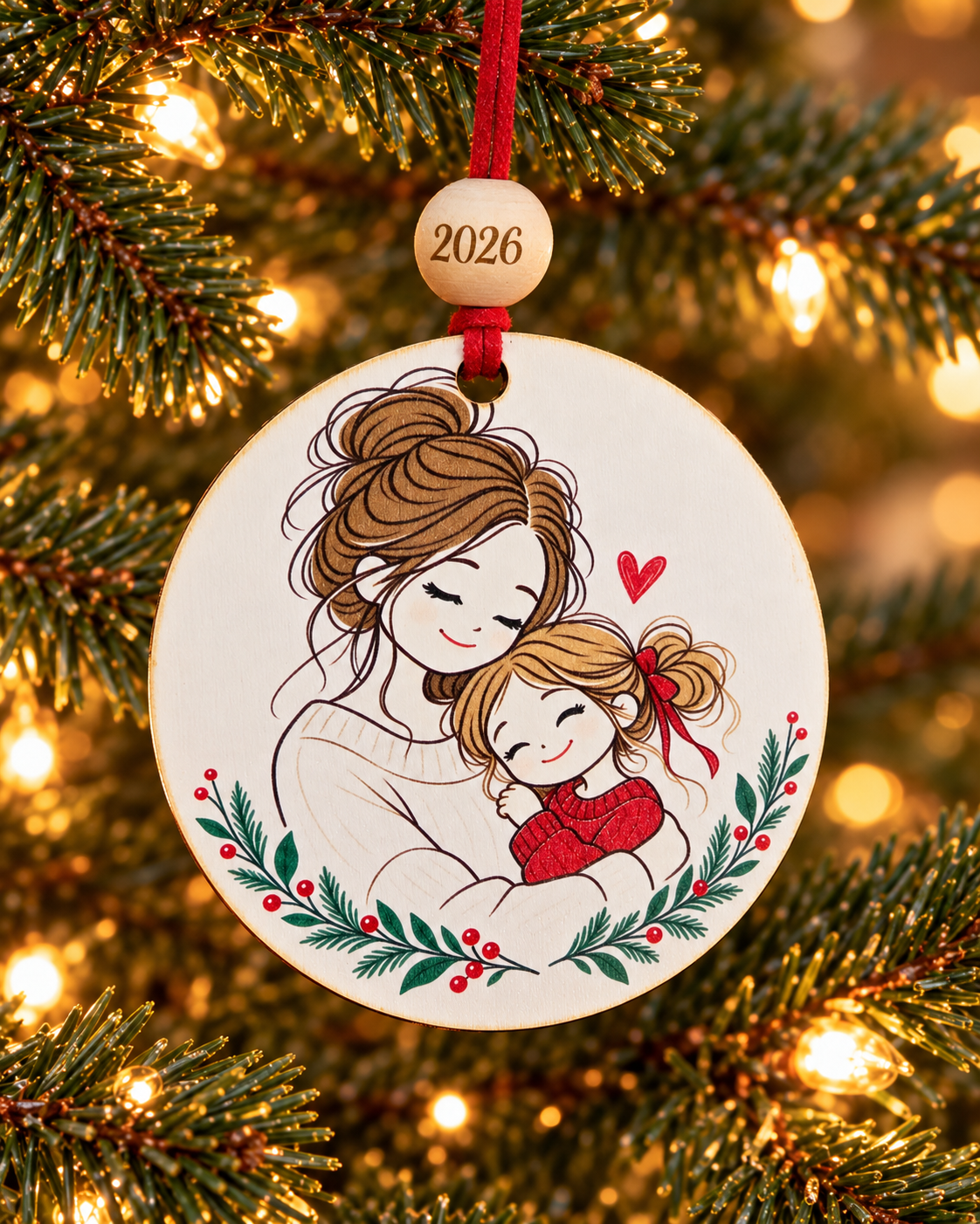 Mother and daughter Christmas ornament with hand-drawn mom hugging her little girl, framed in holly, 4 inch round wood Christmas ornament with 2026 bead by Bandit Laser