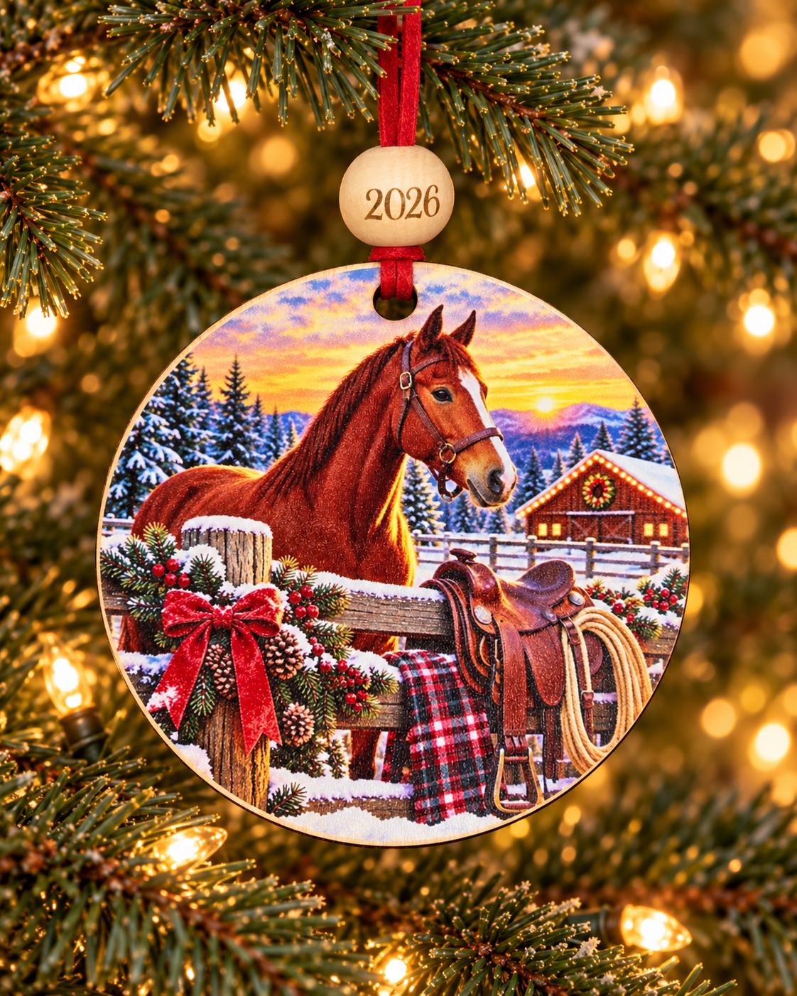 Horse Christmas ornament with chestnut horse, western saddle and red barn at a snowy ranch, 4 inch round wood Christmas ornament with 2026 bead by Bandit Laser