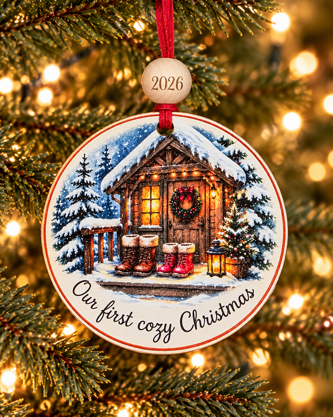 Our First Cozy Christmas ornament with two pairs of winter boots on a snowy cabin porch, 4 inch round wood Christmas ornament with 2026 bead by Bandit Laser