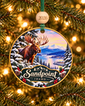 Sandpoint Idaho Christmas ornament with bull moose overlooking Lake Pend Oreille and the Sandpoint marina, 4 inch round wood Christmas ornament with 2026 bead by Bandit Laser