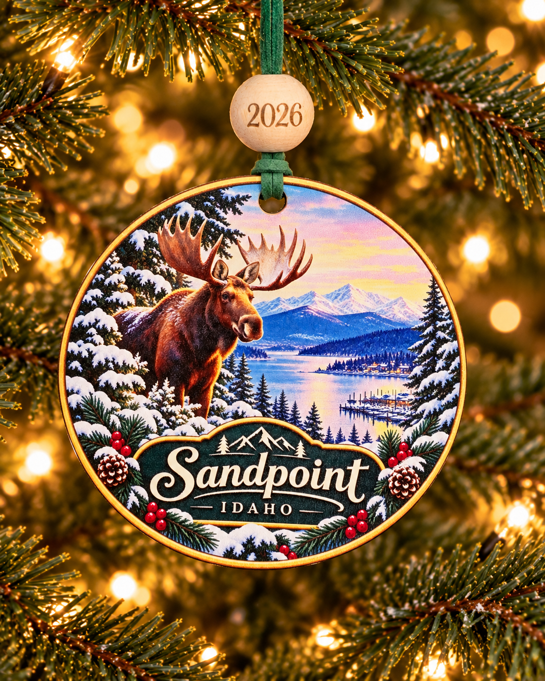 Sandpoint Idaho Christmas ornament with bull moose overlooking Lake Pend Oreille and the Sandpoint marina, 4 inch round wood Christmas ornament with 2026 bead by Bandit Laser