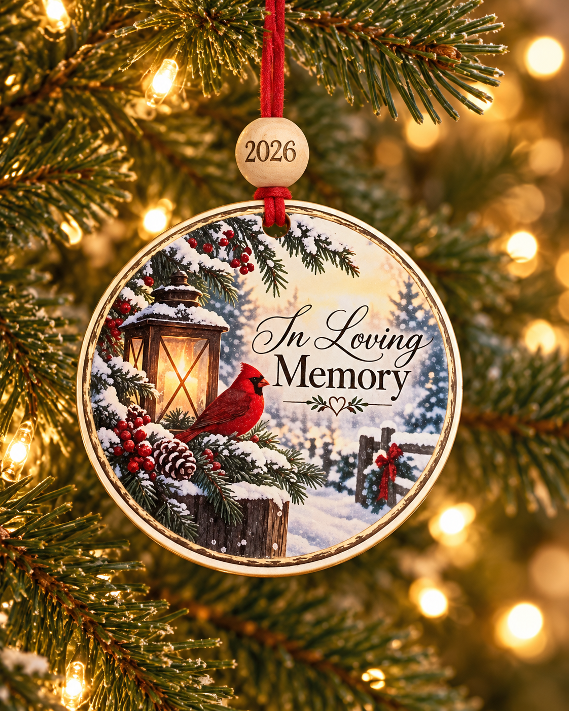 In Loving Memory cardinal Christmas ornament with red cardinal and lantern on a snowy fence post, memorial gift, 4 inch round wood Christmas ornament with 2026 bead by Bandit Laser
