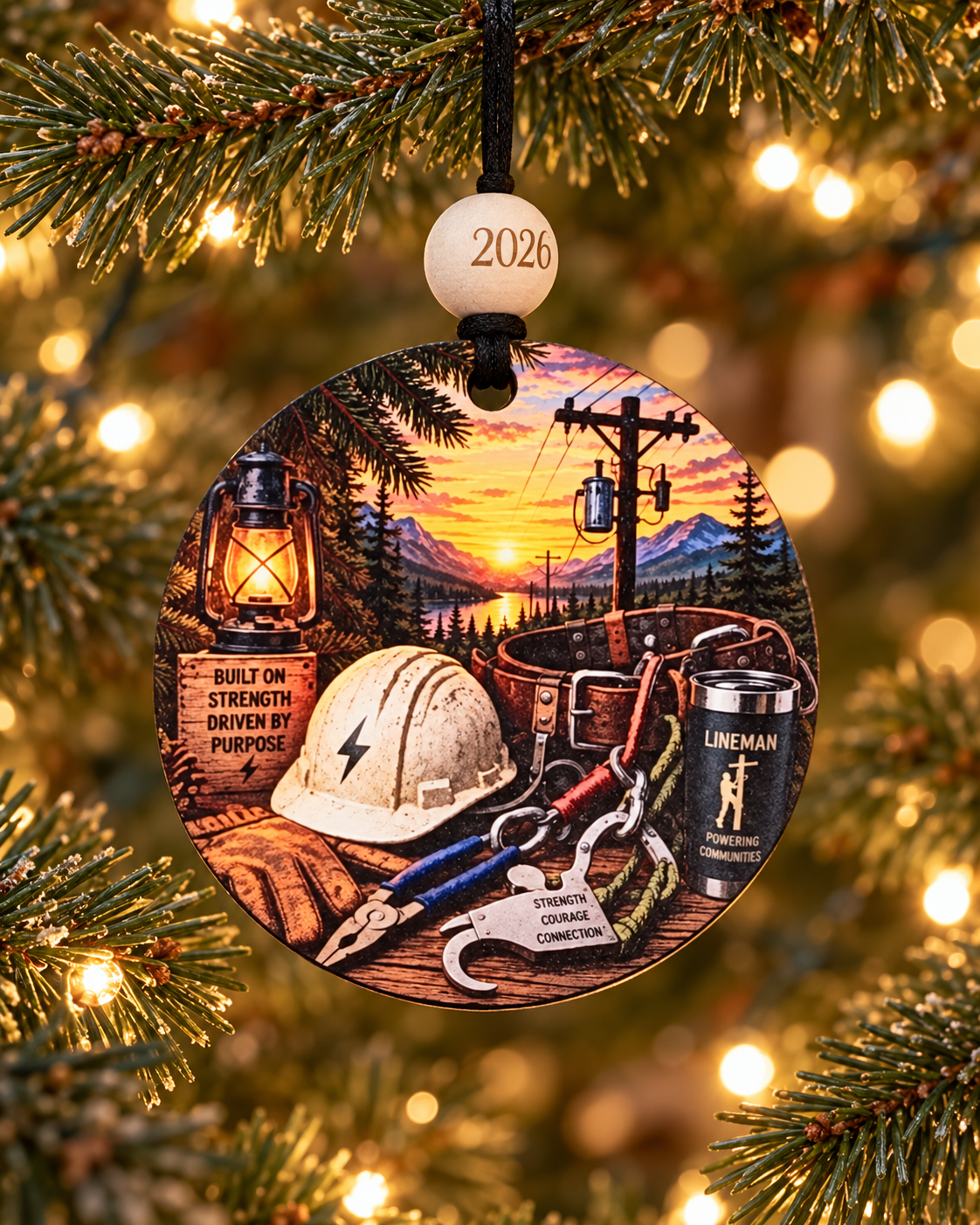 Lineman Christmas ornament with hard hat, gloves and climbing gear beneath a power pole at sunset, 4 inch round wood Christmas ornament with 2026 bead by Bandit Laser