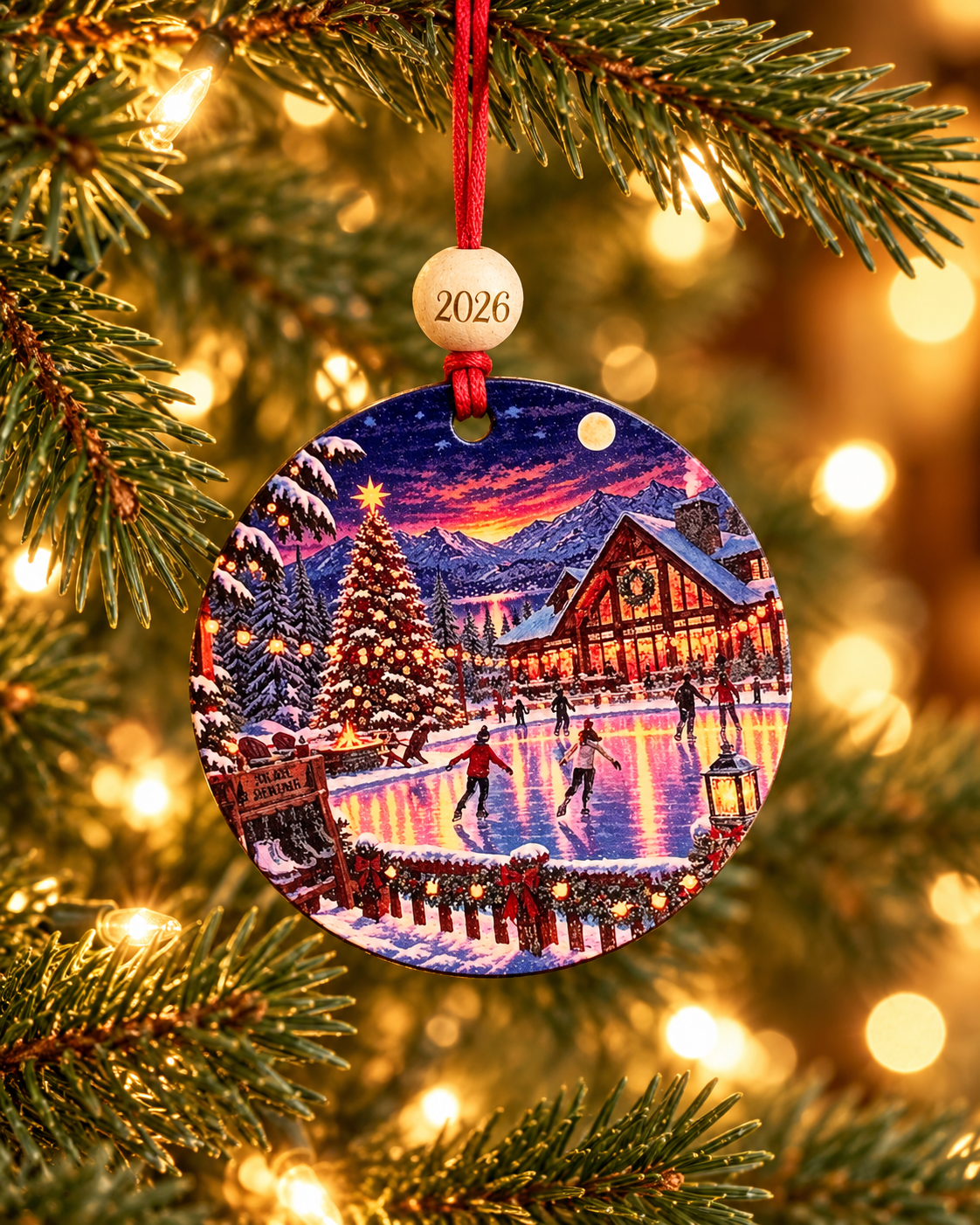 Ice skating Christmas ornament with skaters on a moonlit pond beside a mountain lodge, 4 inch round wood Christmas ornament with 2026 bead by Bandit Laser