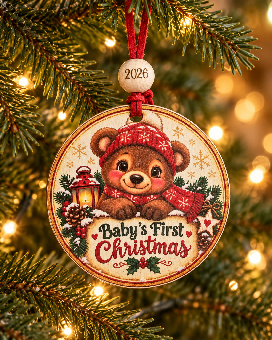 Baby's First Christmas bear ornament with baby bear in red snowflake hat behind a sign, 4 inch round wood Christmas ornament with 2026 bead by Bandit Laser