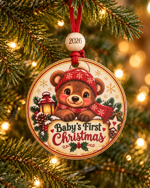 Baby's First Christmas bear ornament with baby bear in red snowflake hat behind a sign, 4 inch round wood Christmas ornament with 2026 bead by Bandit Laser