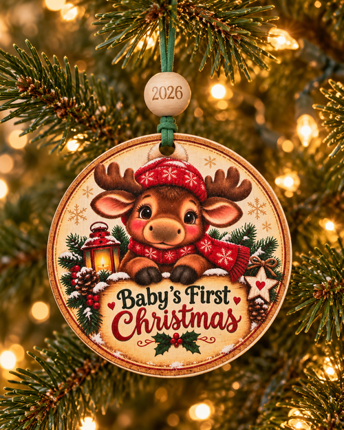 Baby's First Christmas moose ornament with baby moose in red snowflake hat behind a sign, 4 inch round wood Christmas ornament with 2026 bead by Bandit Laser