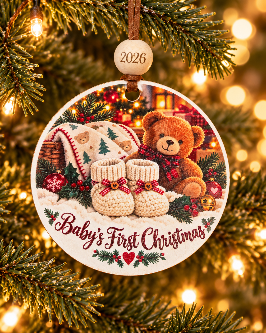Baby's First Christmas ornament with knit baby booties and teddy bear by a lit tree, 4 inch round wood Christmas ornament with 2026 bead by Bandit Laser