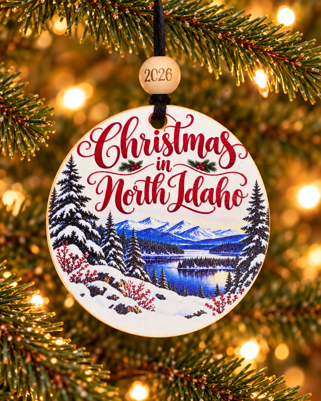 Christmas in North Idaho ornament with snowy lake, evergreens and blue mountains, Idaho souvenir, 4 inch round wood Christmas ornament with 2026 bead by Bandit Laser