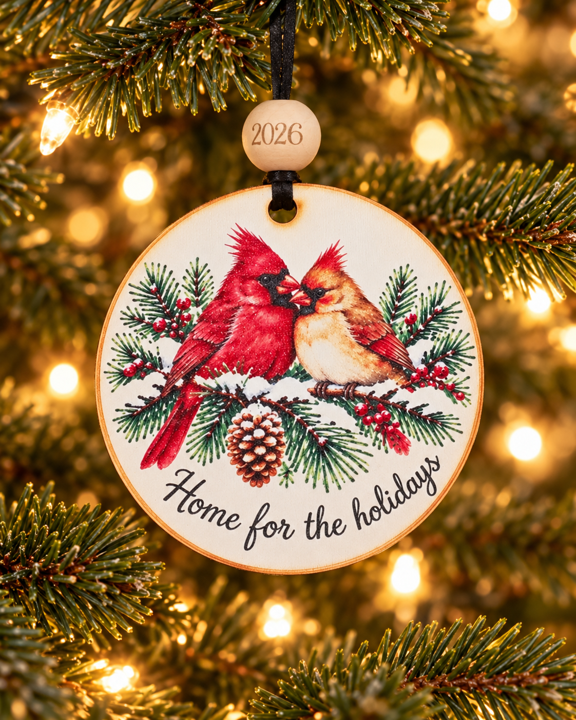 Home for the Holidays Christmas ornament with two cardinals on a snowy pine branch, 4 inch round wood Christmas ornament with 2026 bead by Bandit Laser