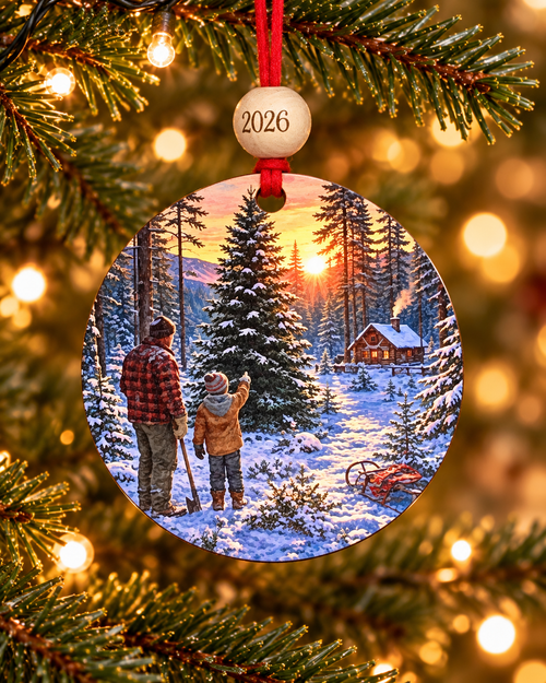 Christmas tree hunt ornament with dad and child cutting a tree in a snowy forest by a log cabin, 4 inch round wood Christmas ornament with 2026 bead by Bandit Laser
