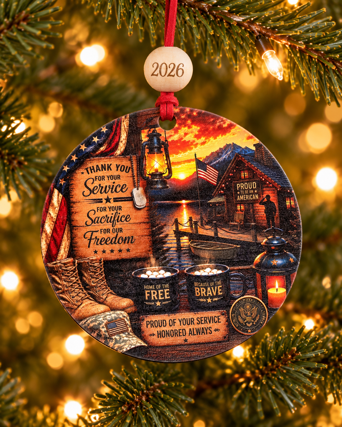 Military Thank You for Your Service Christmas ornament with combat boots, dog tags and American flag, veteran gift, 4 inch round wood Christmas ornament with 2026 bead by Bandit Laser