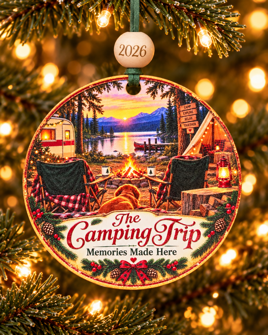 The Camping Trip Christmas ornament with camp chairs, campfire, vintage camper and canoe on a mountain lake, 4 inch round wood Christmas ornament with 2026 bead by Bandit Laser