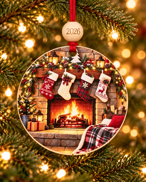 Cozy fireplace Christmas ornament with four knit stockings on a stone hearth mantel, 4 inch round wood Christmas ornament with 2026 bead by Bandit Laser