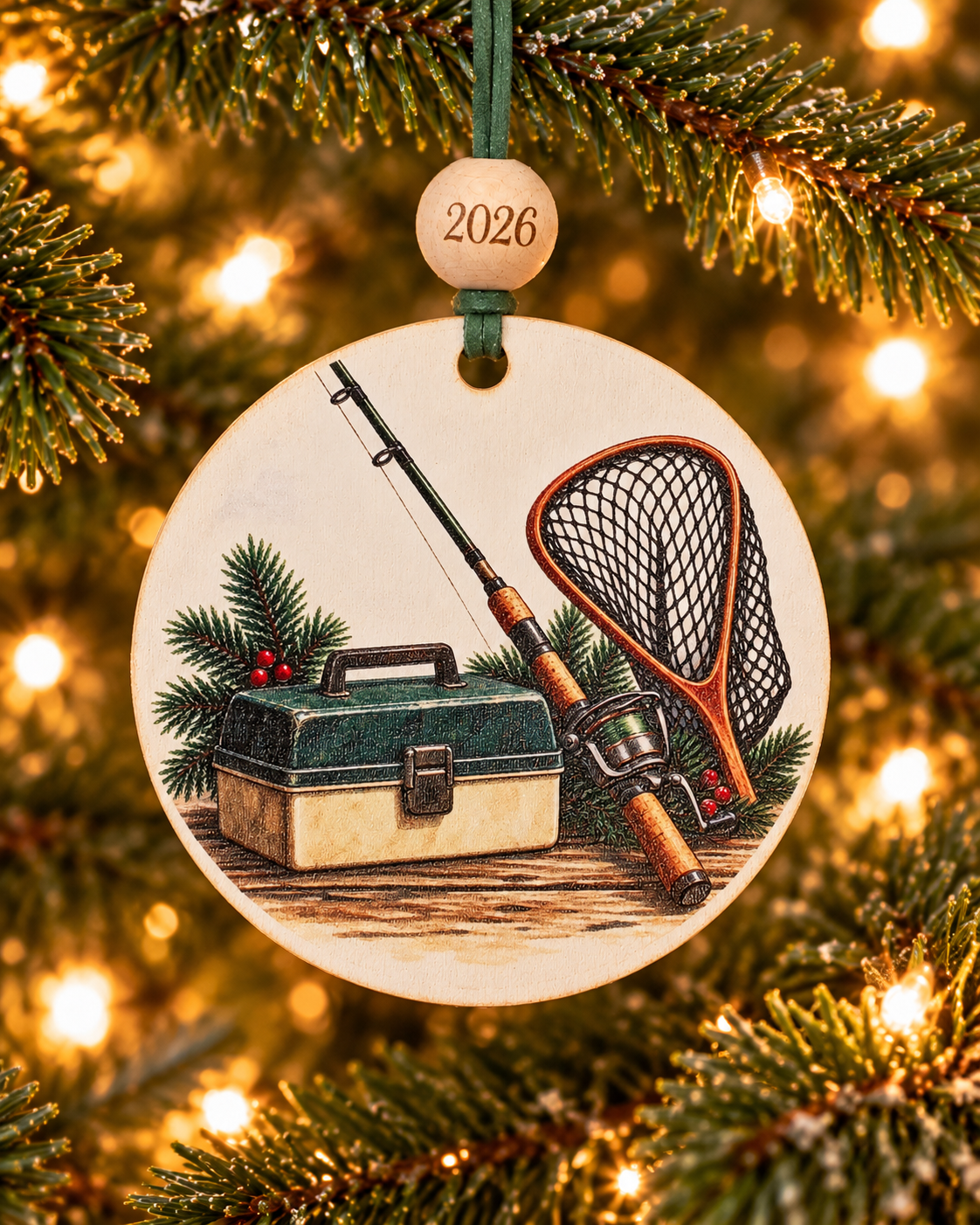 Fishing Christmas ornament with vintage tackle box, fishing rod and landing net on a dock, 4 inch round wood Christmas ornament with 2026 bead by Bandit Laser