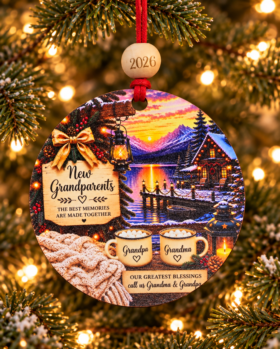 New Grandparents Christmas ornament with Grandma and Grandpa cocoa mugs at a lakeside cabin, 4 inch round wood Christmas ornament with 2026 bead by Bandit Laser