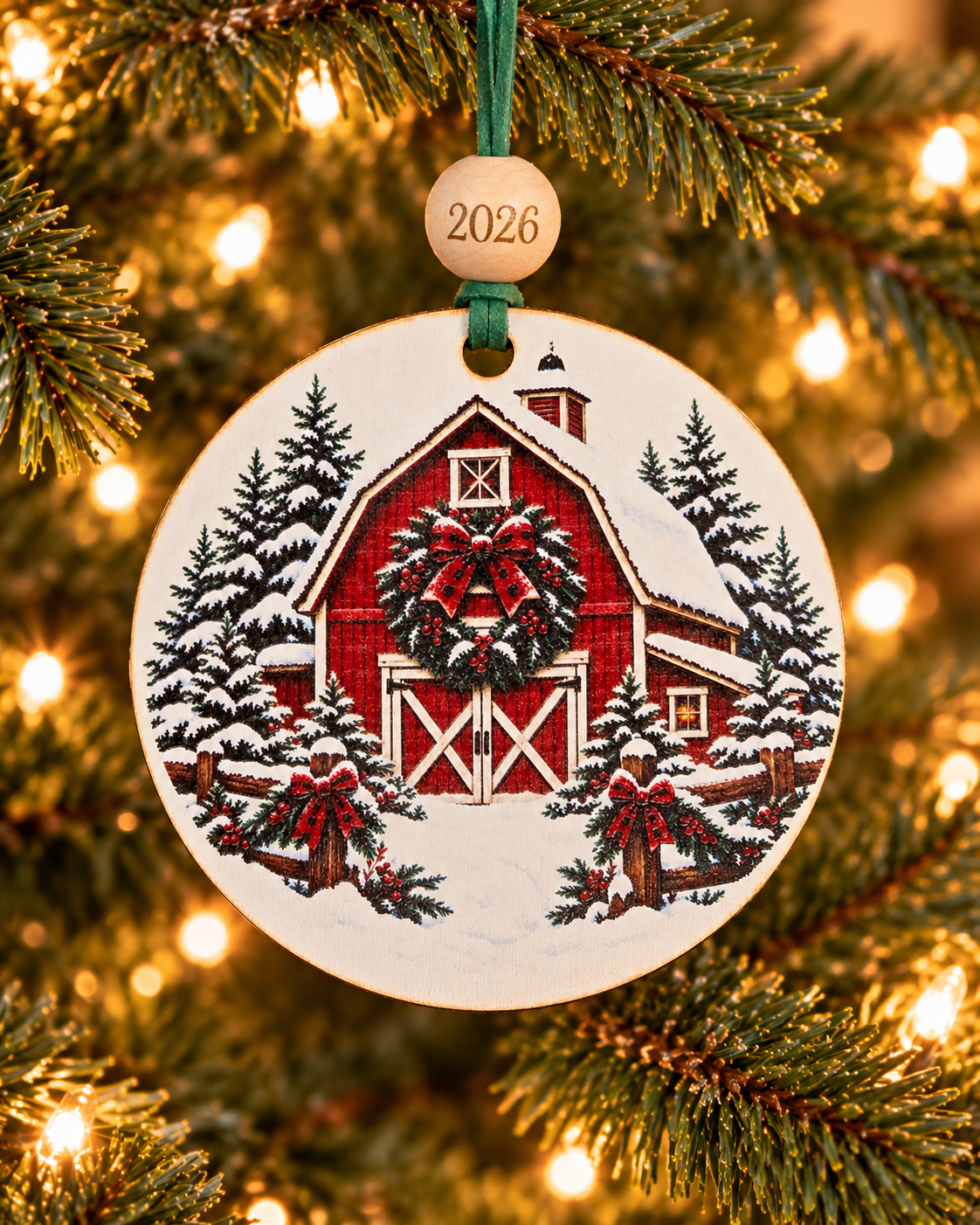 Red barn Christmas ornament with holly wreath, snowy pines and plaid-bow fence posts, 4 inch round wood Christmas ornament with 2026 bead by Bandit Laser