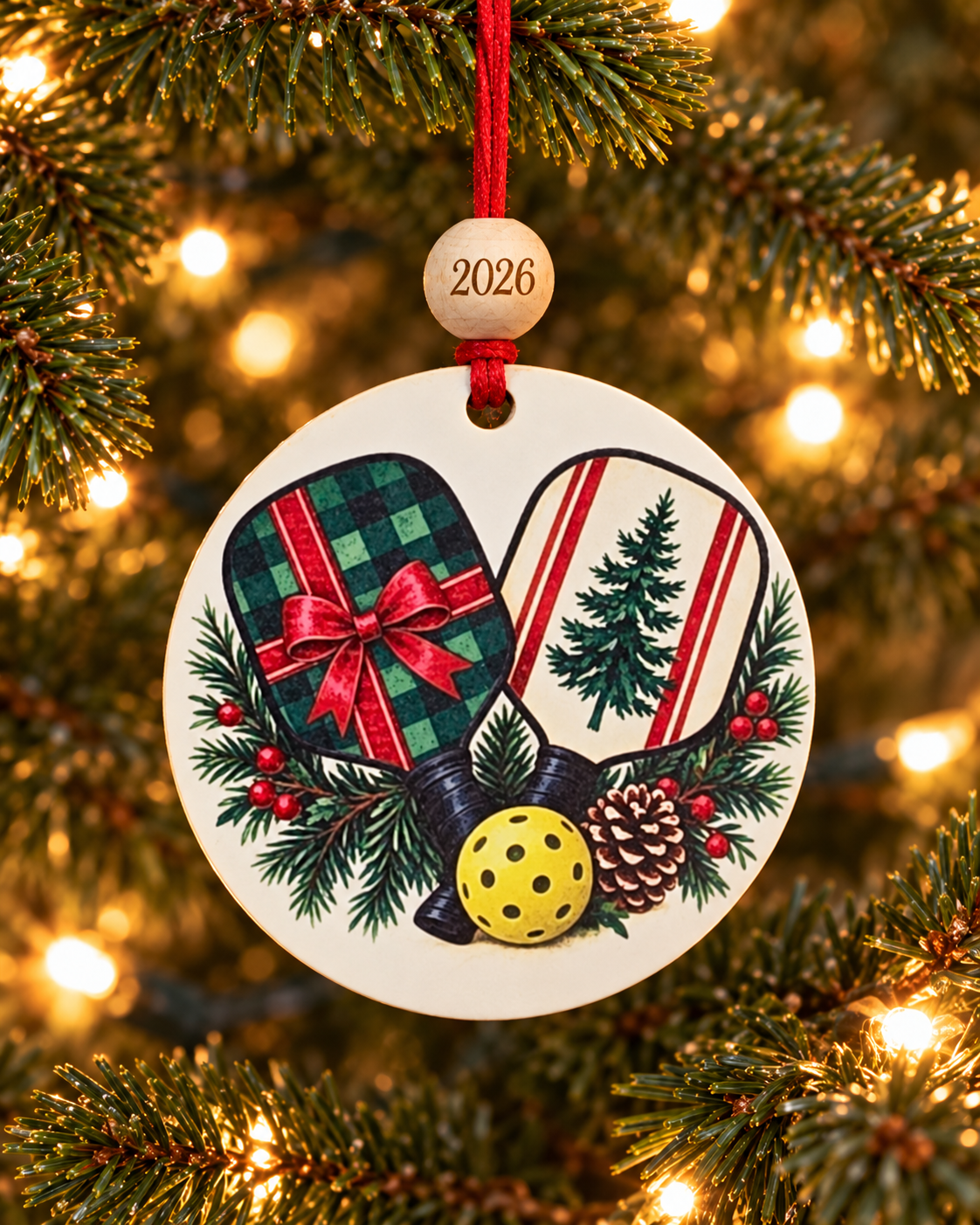Pickleball Christmas ornament with two holiday-decorated paddles and a pickleball in pine, 4 inch round wood Christmas ornament with 2026 bead by Bandit Laser