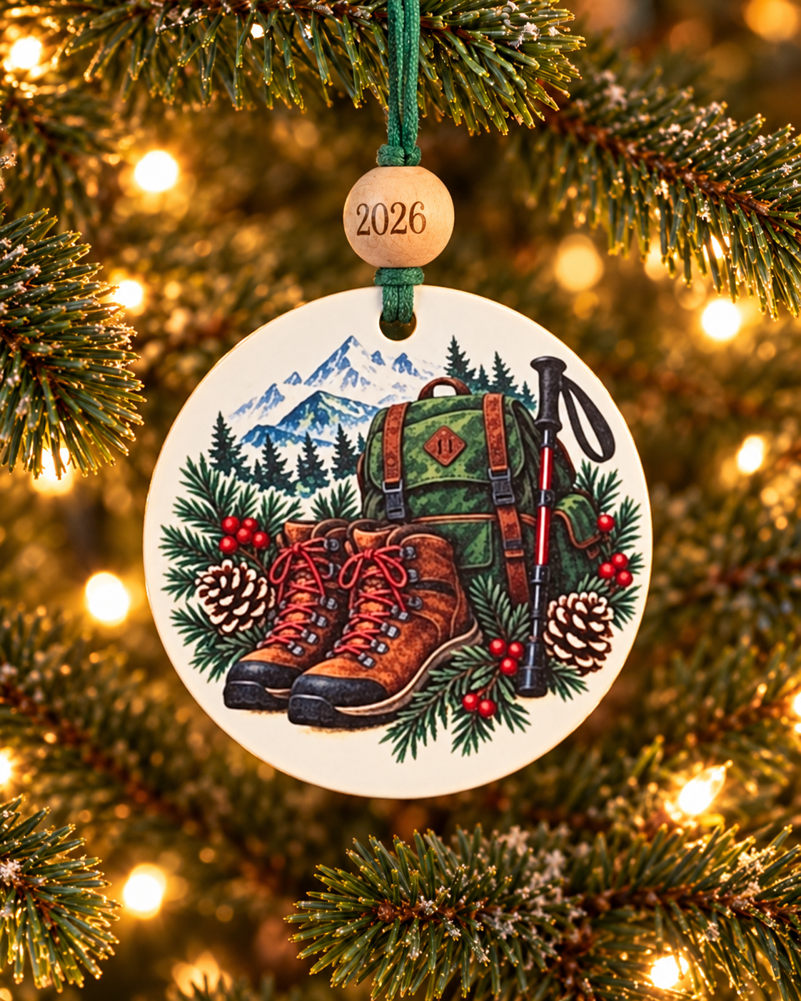 Hiking Christmas Ornament 2026 – Boots, Backpack & Mountains Hiker Gift