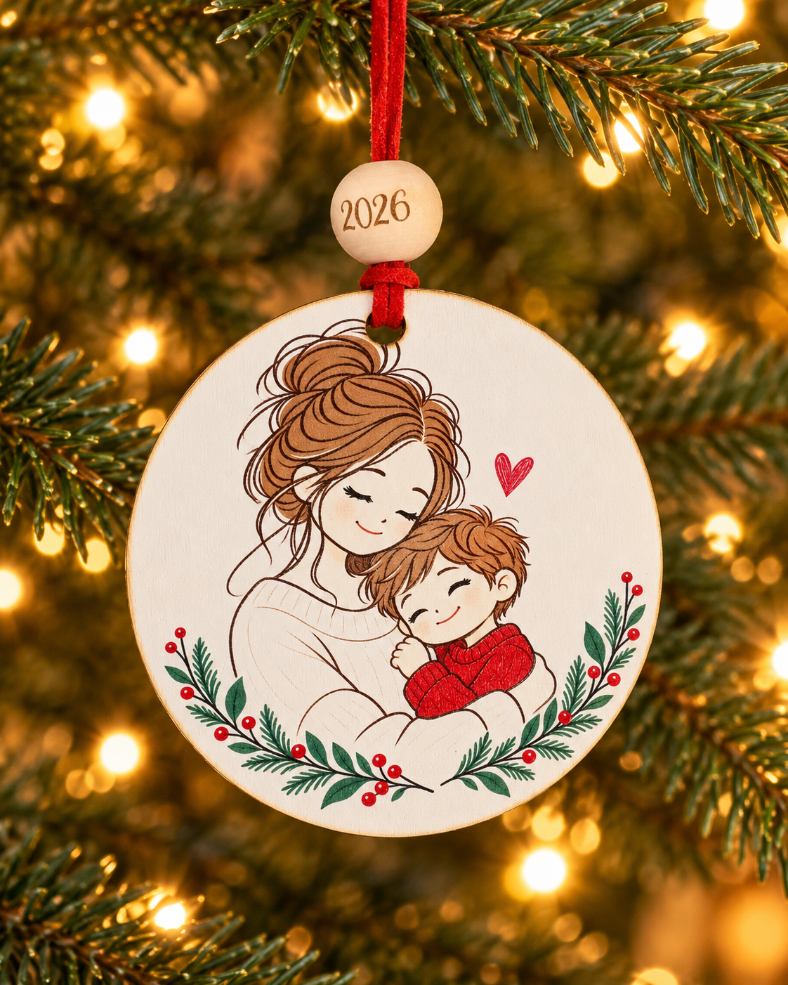 Mother and Son Christmas Ornament 2026 – Mom & Boy Hug Wood Ornament